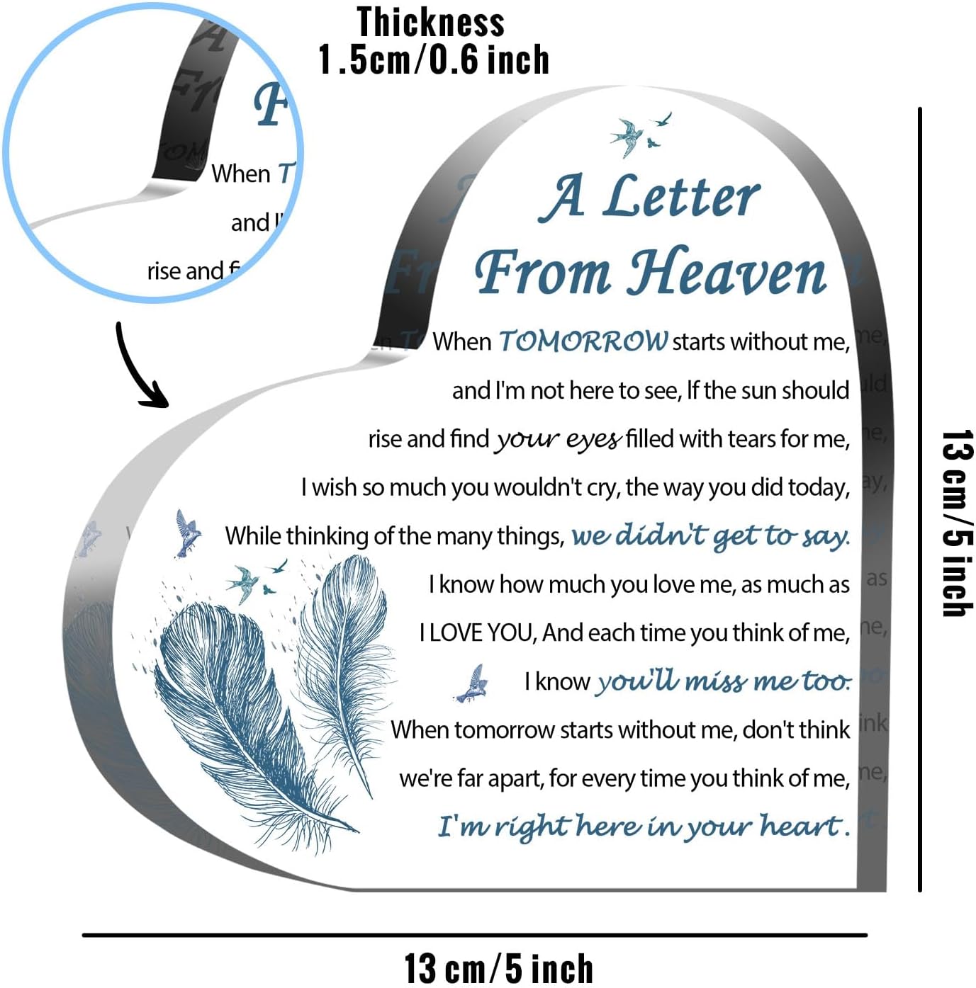 Sympathy Gifts - A Letter from Heaven- Memorial Gift for Loss of Mother Father Husband Son, Acrylic Heart Keepsake,Remembrance Sympathy Gifts （Feather）
