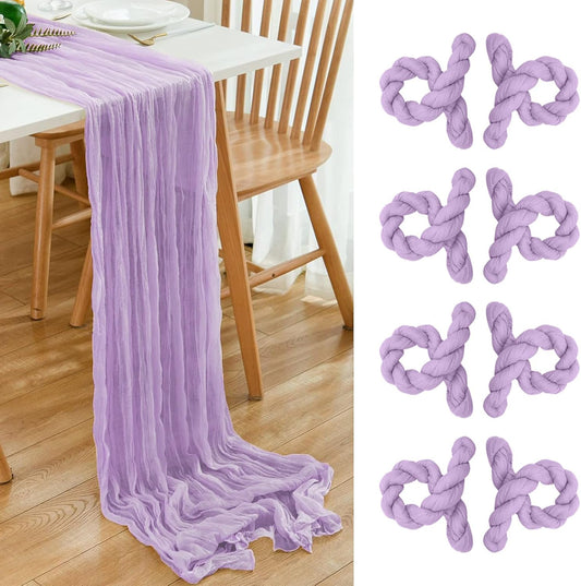8 Pack 10Ft Table Runner 35x120 inch Purple Boho Gauze Table Cheese Cloth Long Wrinkled Sheer Table Runner for Wedding Bridal Shower Birthday Party Table Decor