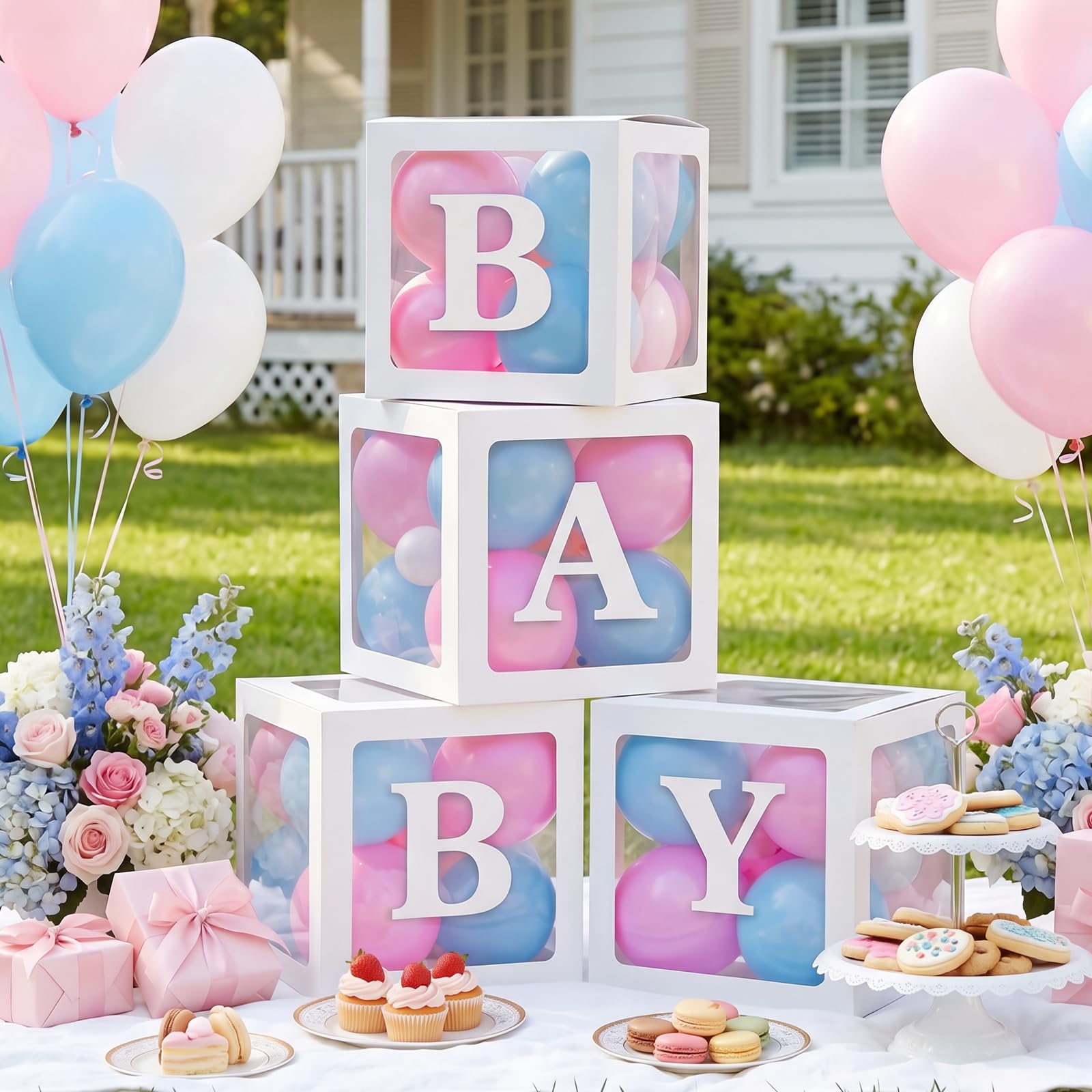 RUBFAC Baby Boxes with Letters and 36 Balloons, 4pcs Clear Balloon Boxes for Gender Reveal Baby