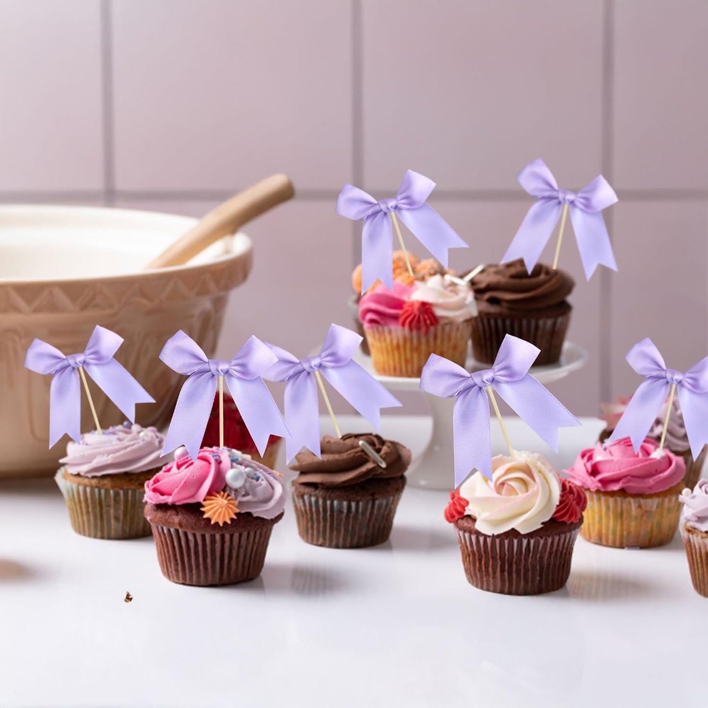 Gyufise 24Pcs Bow Cupcake Toppers Coquette Bow Girls Birthday Cake Decorations Bowknot Cake Toppers Bowknot Cupcake Picks for Baby Shower Birthday Wedding Bridal Engagement Party Supplies Purple