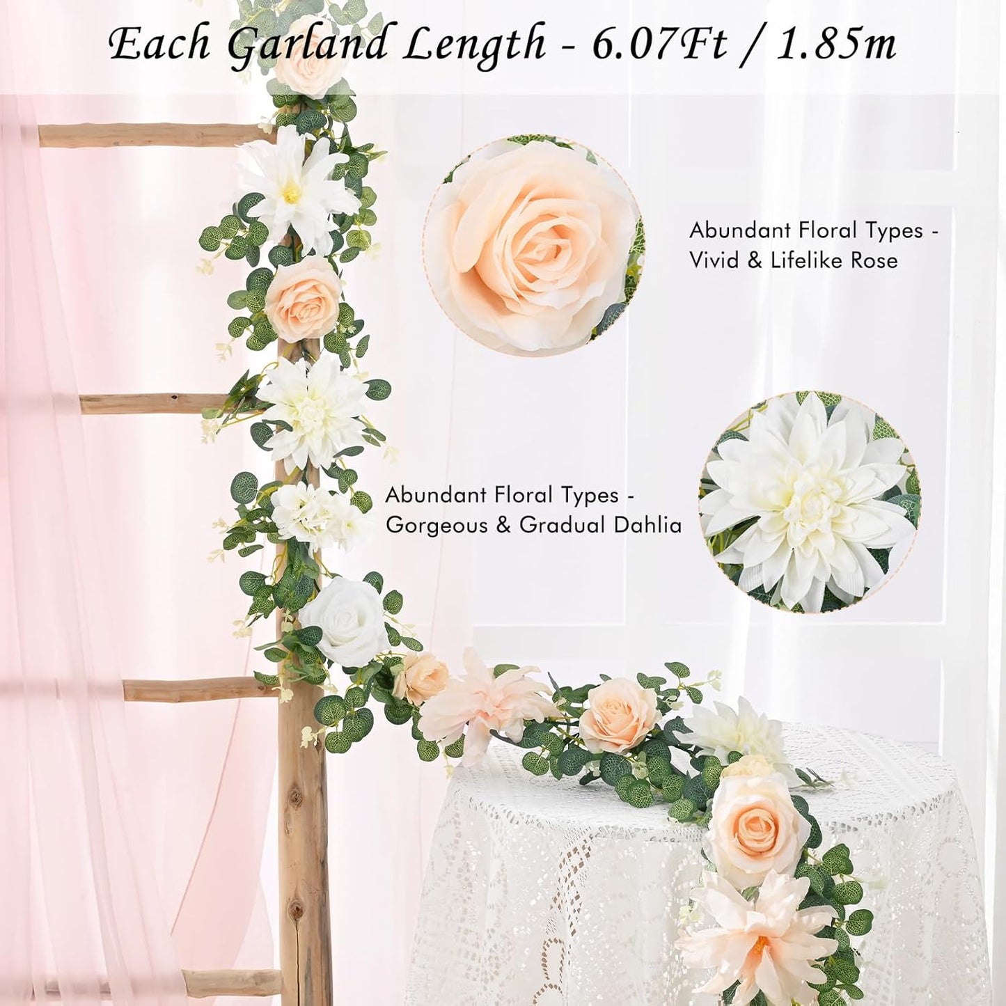 Waipfaru 6.07Ft Eucalyptus Greenery Garland with Flowers, Dusty Blue and White Rose Flower Vines for Wedding Table Runner Centerpieces Backdrop Room Decor
