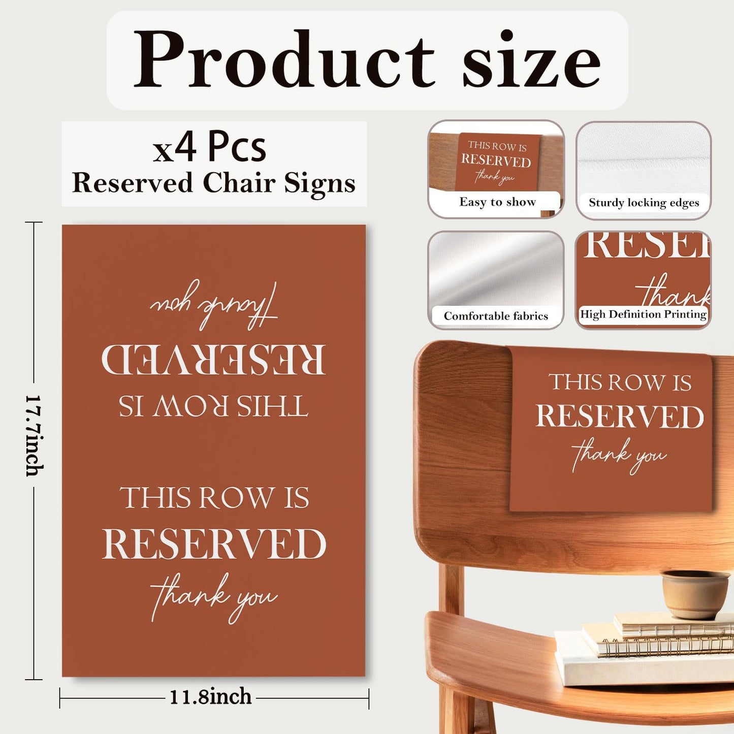 Reserved Seating Chair Signs, This Row Is Reserved Pew Cloths Seating Placeholder for Church Pews, Fall Terracotta Wedding Decorations for Reception Parties Event (Burnt Orange, 4 PCS)