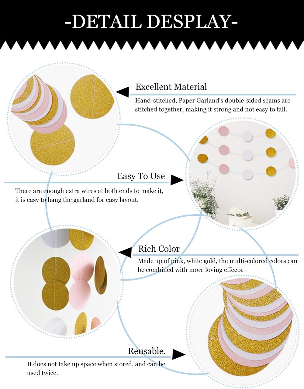 MerryNine Paper Garland 5 Pack, 65 Ft Glitter Paper Garland Circle Dots Hanging Decor, Banner for Baby Shower, Birthday, Nursery Party Decor (Pink White Gold)