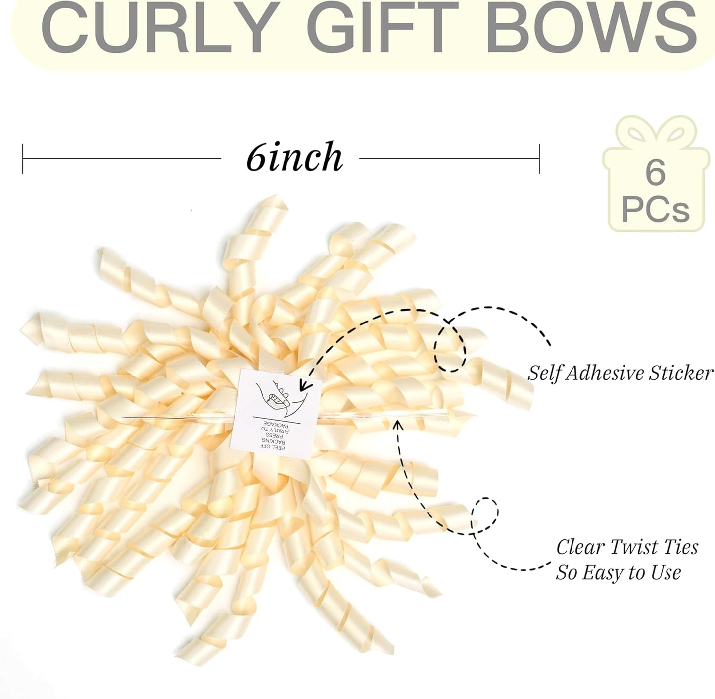 6 Inch Ivory Curly Bows for Gift Wrapping Set of 6, Self Adhesive Bows Ivory Gift Bows for Presents, Satin Ribbon Bows for Birthday, Wedding, Christmas, Bridal Shower, Gift Wrap Accessory