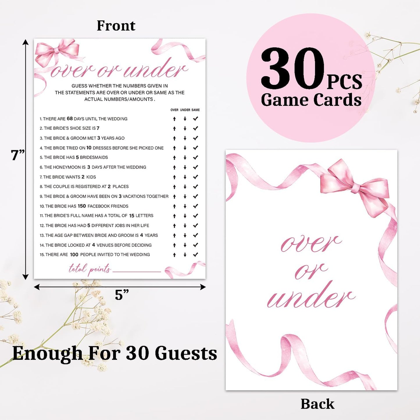 Bridal Shower Games 30 Guests, Over or Under Bridal Shower Wedding Games for Reception, Rehearsal Dinner Engagement Party Activities Game Card/HL 005