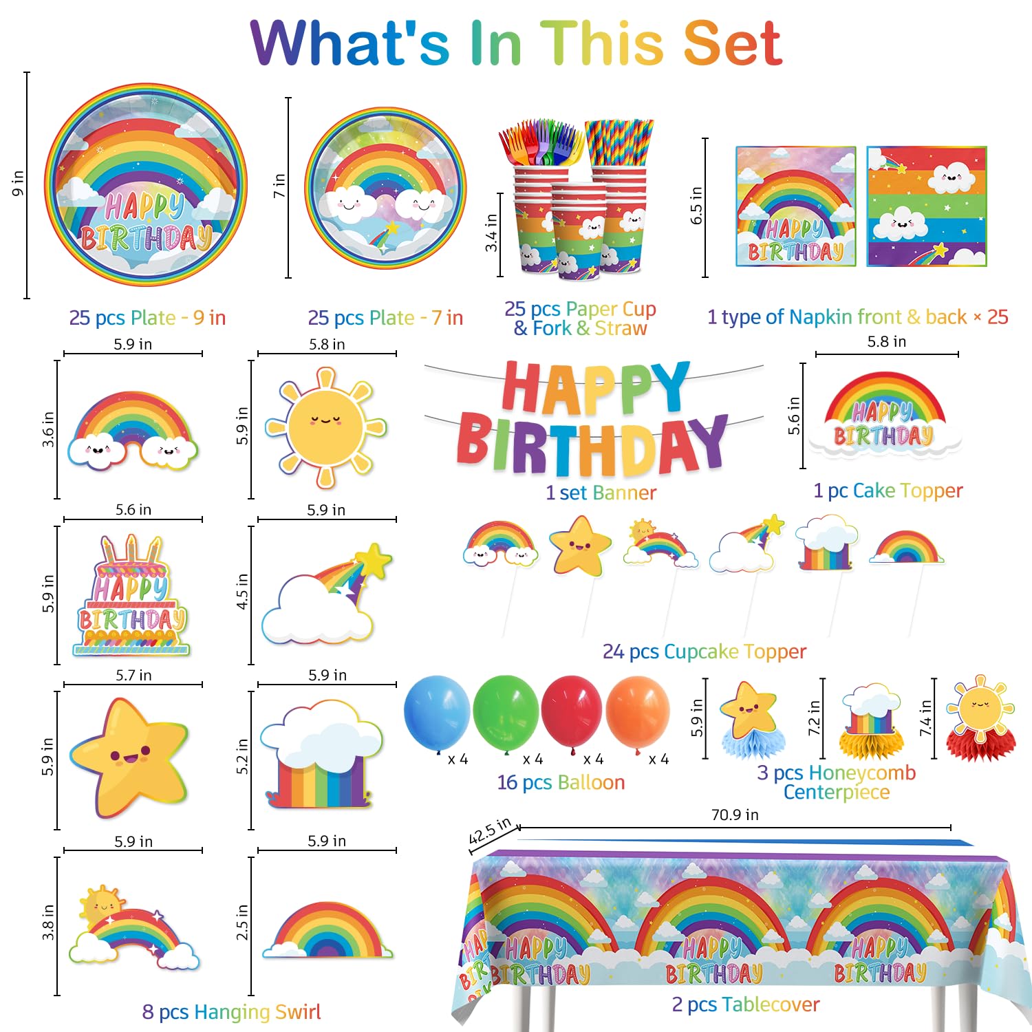 Cocomigo 213pcs Rainbow Birthday Decorations, Serves 25