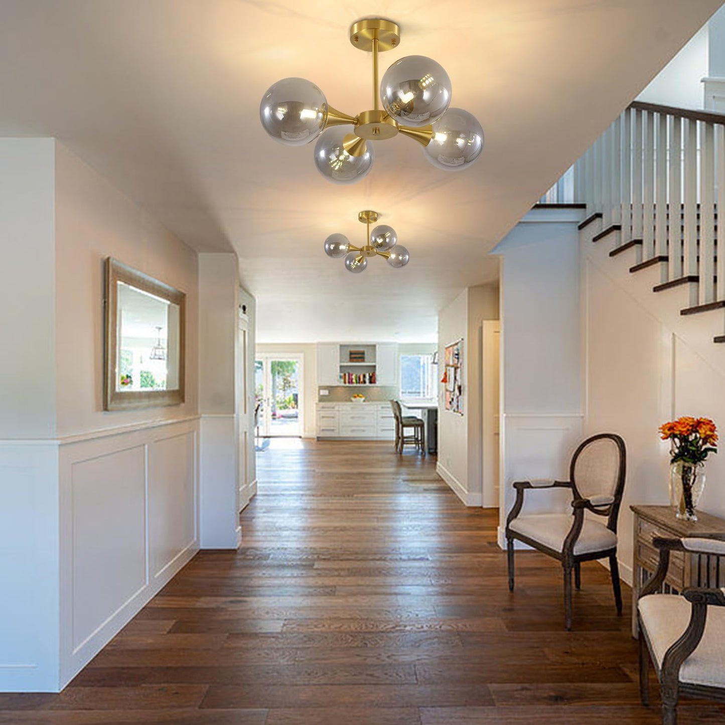 KCO Lighting 4-Lights Modern Gold Globe Semi Flush Mount Ceiling Light Mid Century Brushed Brass Schoolhouse Close to Ceiling Light Smoke Gray Glass Chandelier Lighting for Bedroom