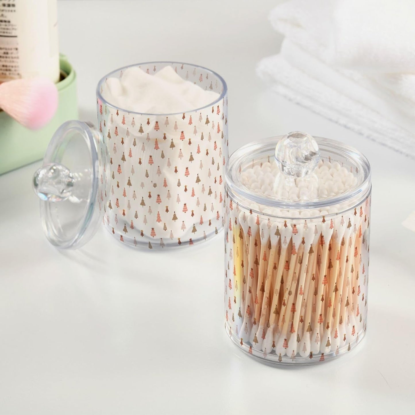 Gredecor 2 Pack Qtip Holder Clear Pastel Christmas Tree Pink Forest Apothecary Jars with Lids Acrylic Christmas Winter Bathroom Jars Vanity Canister Storage Organizer for Cotton Ball,Swabs,Pads,Floss
