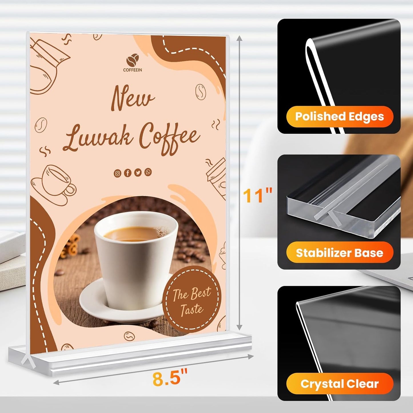 Acrylic Sign Holder 8.5x11, 10 Pack Clear Table Plastic Vertical Clear Double Sided Flyer Display, Picture Menu Stand Paper Holder Photo Sign Holder Suitable for Restaurants Office Store Show Fair