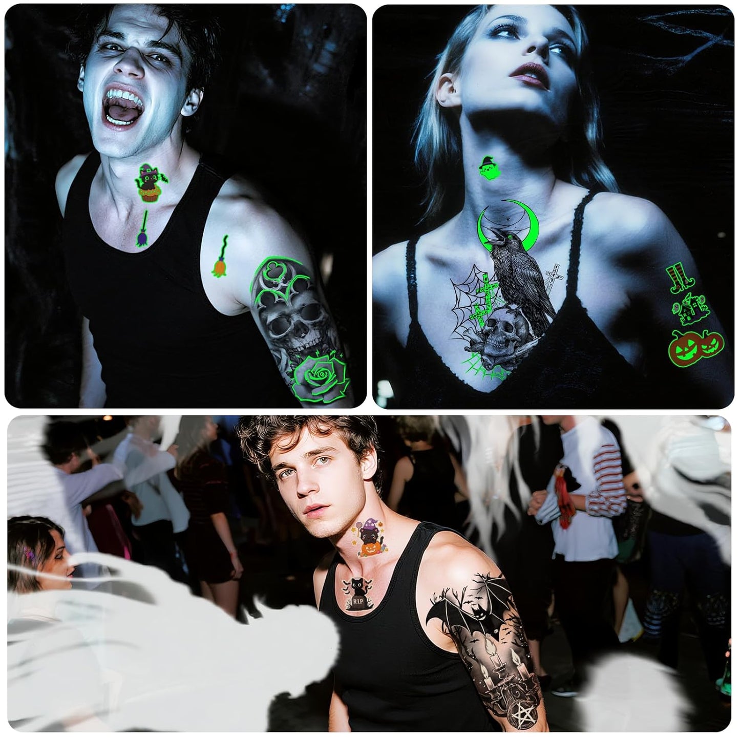 39 Sheets Halloween Glow Up Temporary Tattoos Women Men Adults, Skeleton Death Skull Pointed Black Hats Brooms Cauldrons Black Cats Half Arm Halloween Fake Tattoo, Scary Tattoos for Halloween Costume