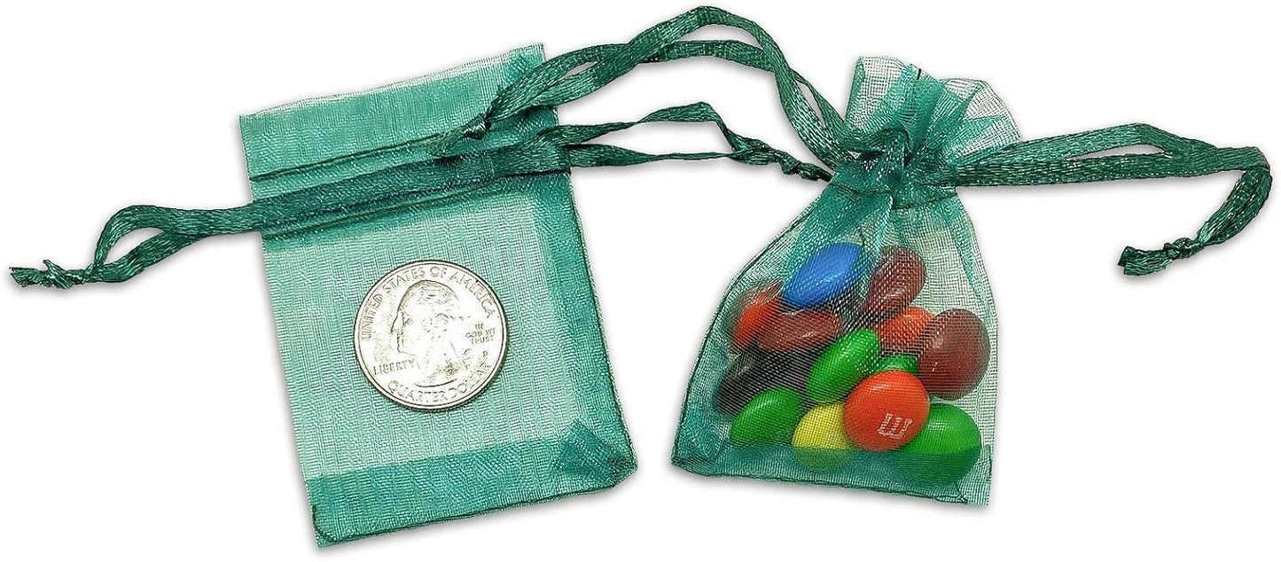 TheDisplayGuys 100-Pack XS 2 x 2 3/4" Dark Green Sheer Organza Gift Bags with Drawstring, Jewelry Candy Treat Wedding Party Favors Mesh Pouch