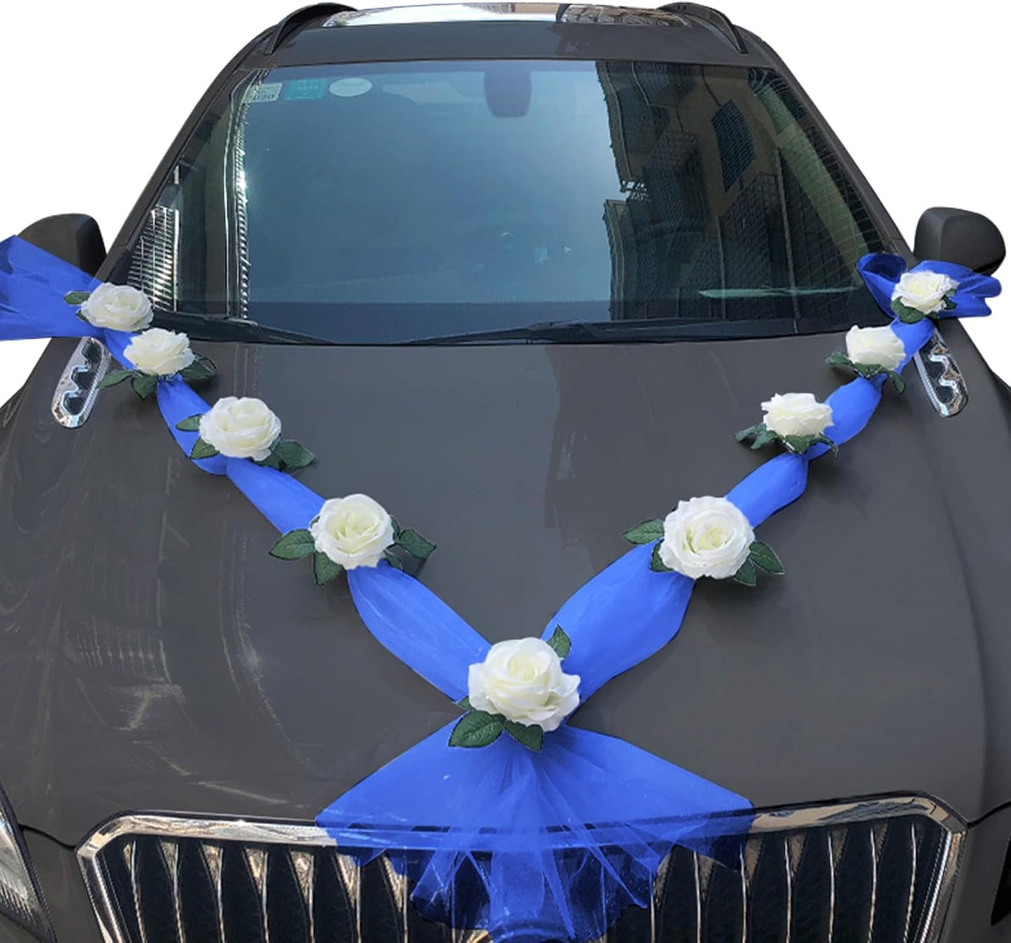 Wedding Car Flower Decoration, White Floral Flowers and Blue Ribbon Set, Just Married Automotive Ornament Accessores for Bridal Shower Party Decor