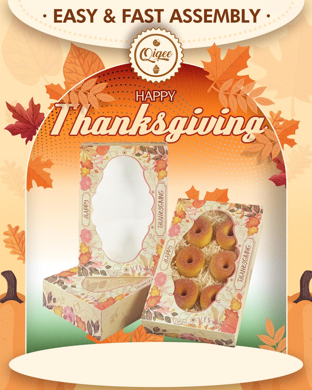 qiqee Thanksgiving Cookie Box with Window 12x8x2.5 inch 32 Packs Two Uses One Second Folding Pastry Biscuit Retro Leaves Bakery Box for Packaging Auto-pop up