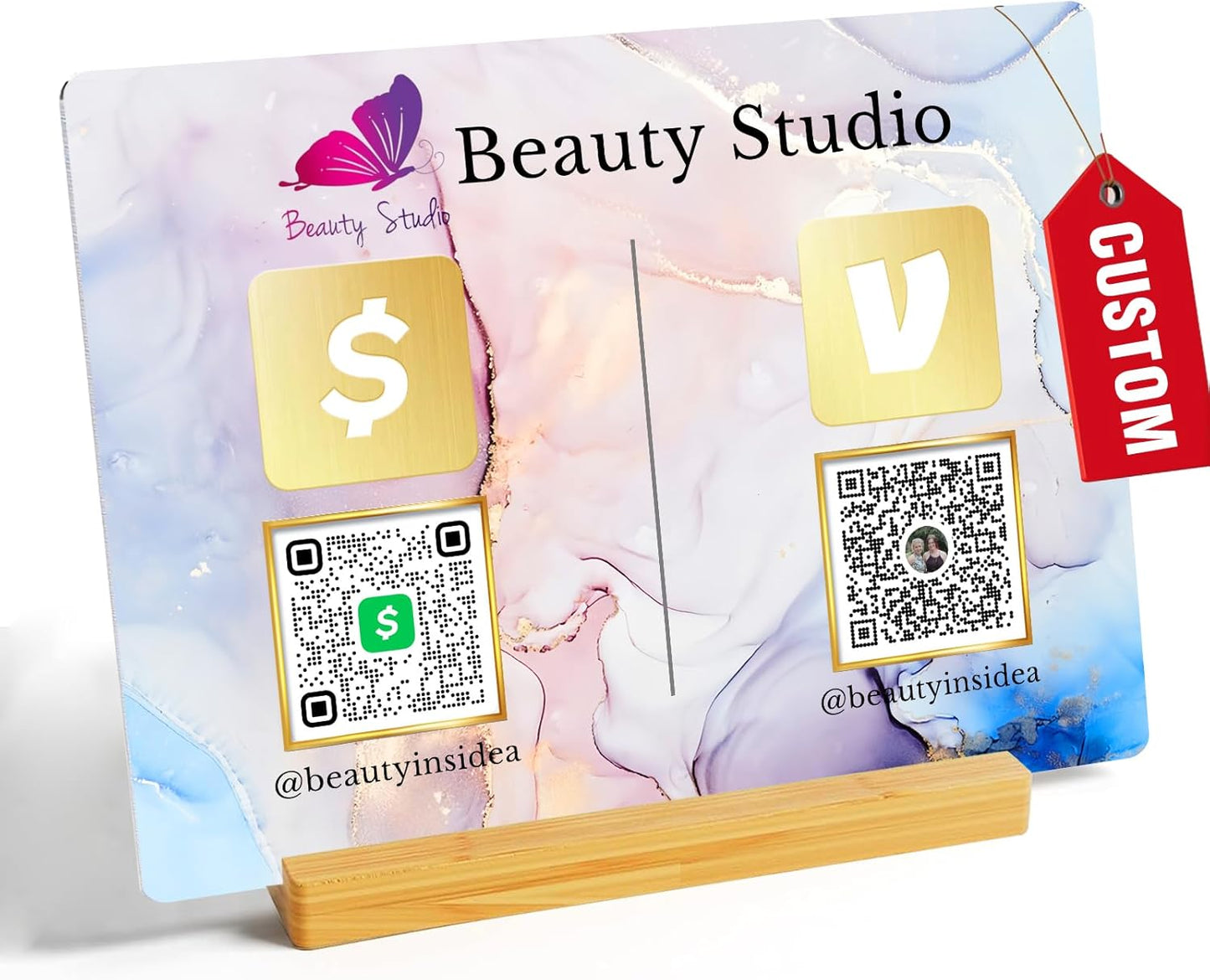 Personalized Custom Metal QR Code Sign Venmo Cashapp Scan to Pay with Stand Instagram Facebook Social Media QR Signs Bar Code QR Plaque Print for Business Salon Beauty Store Restaurant Wifi Sign (Horizontal 2)