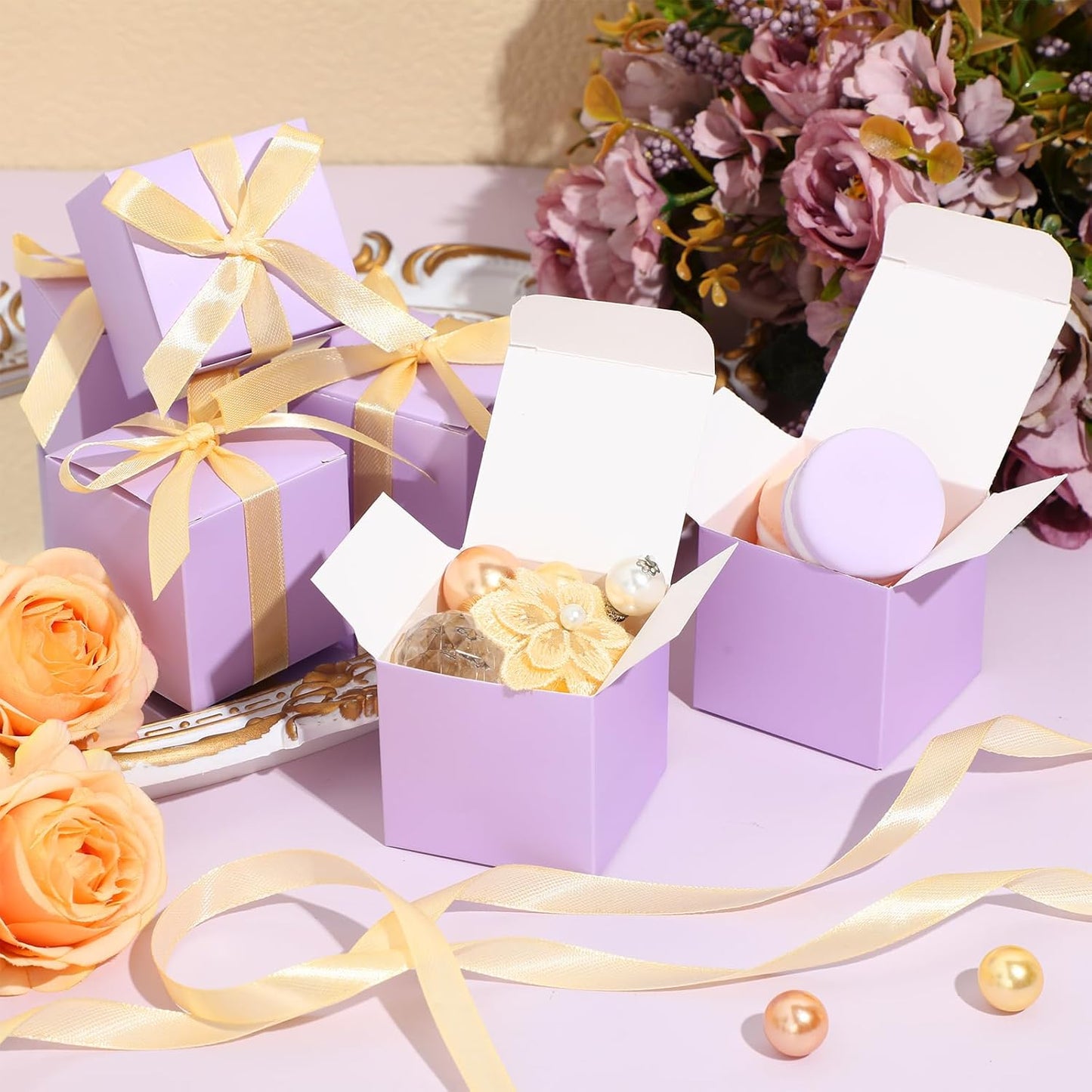 Jutom 100 Pcs Mini Favor Boxes Extra Small Candy Boxes Paper with Gold Ribbon for Christmas Thanksgiving Day Birthday Wedding Anniversary Supplies(2 x 2 x 2 Inch,Lavender)