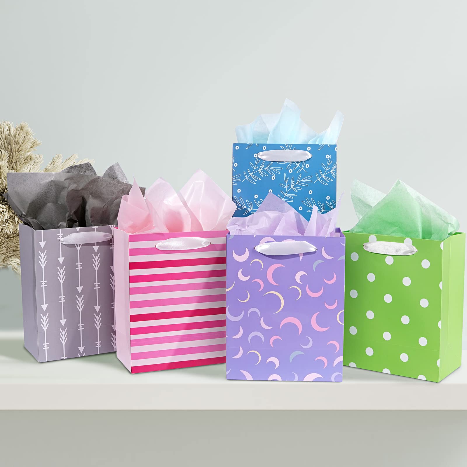 12 Pack Gift Bags Assorted Sizes and Designs, Gift Bags Bulk with Tissue Paper (5 Medium 8", 4