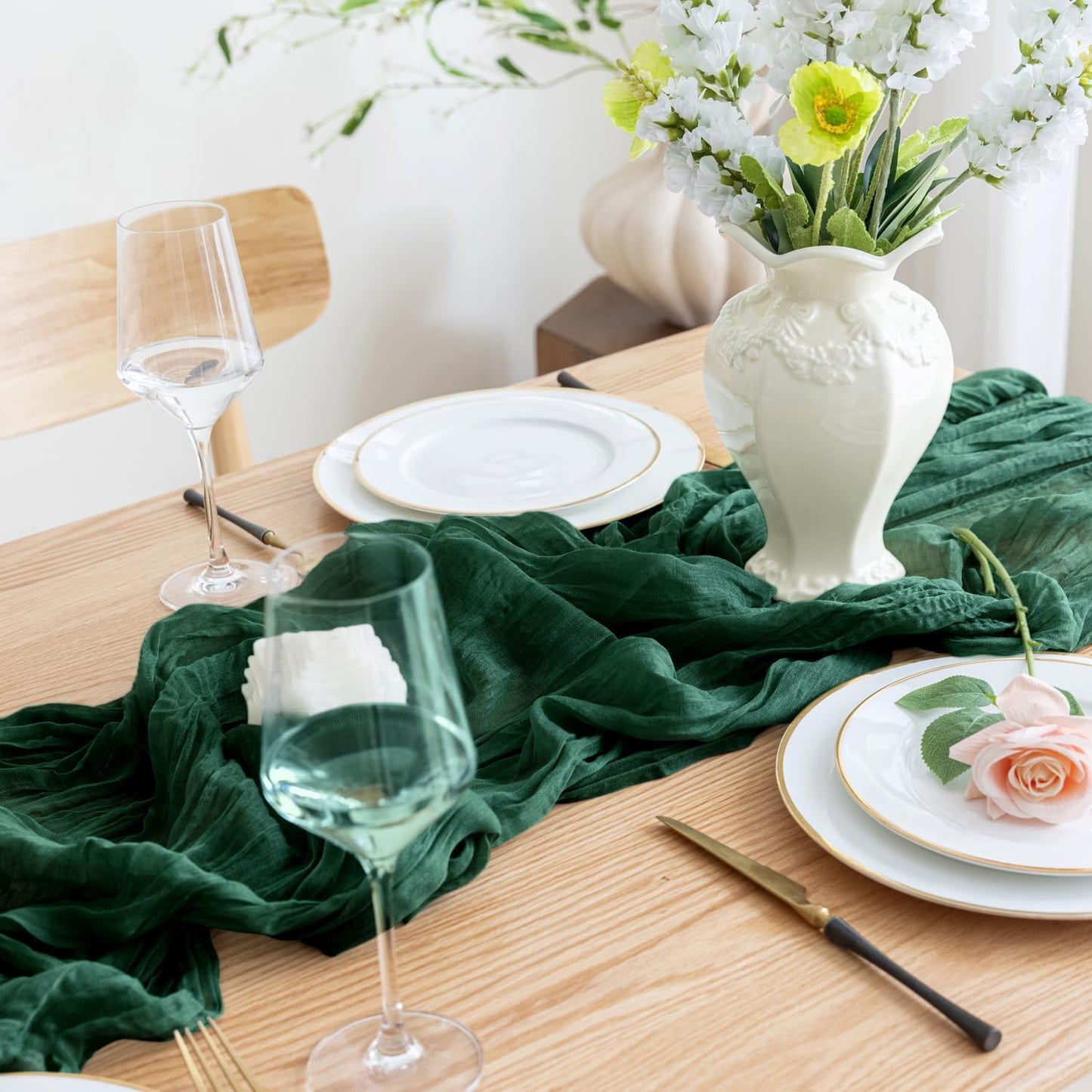 Asee'm 2PCS Table Runner Cheesecloth 10FT Emerald Green Boho Gauze Fabric Rustic Sheer Cheese Cloth Runners for Wedding Bridal Shower Party Spring Easter Decoration