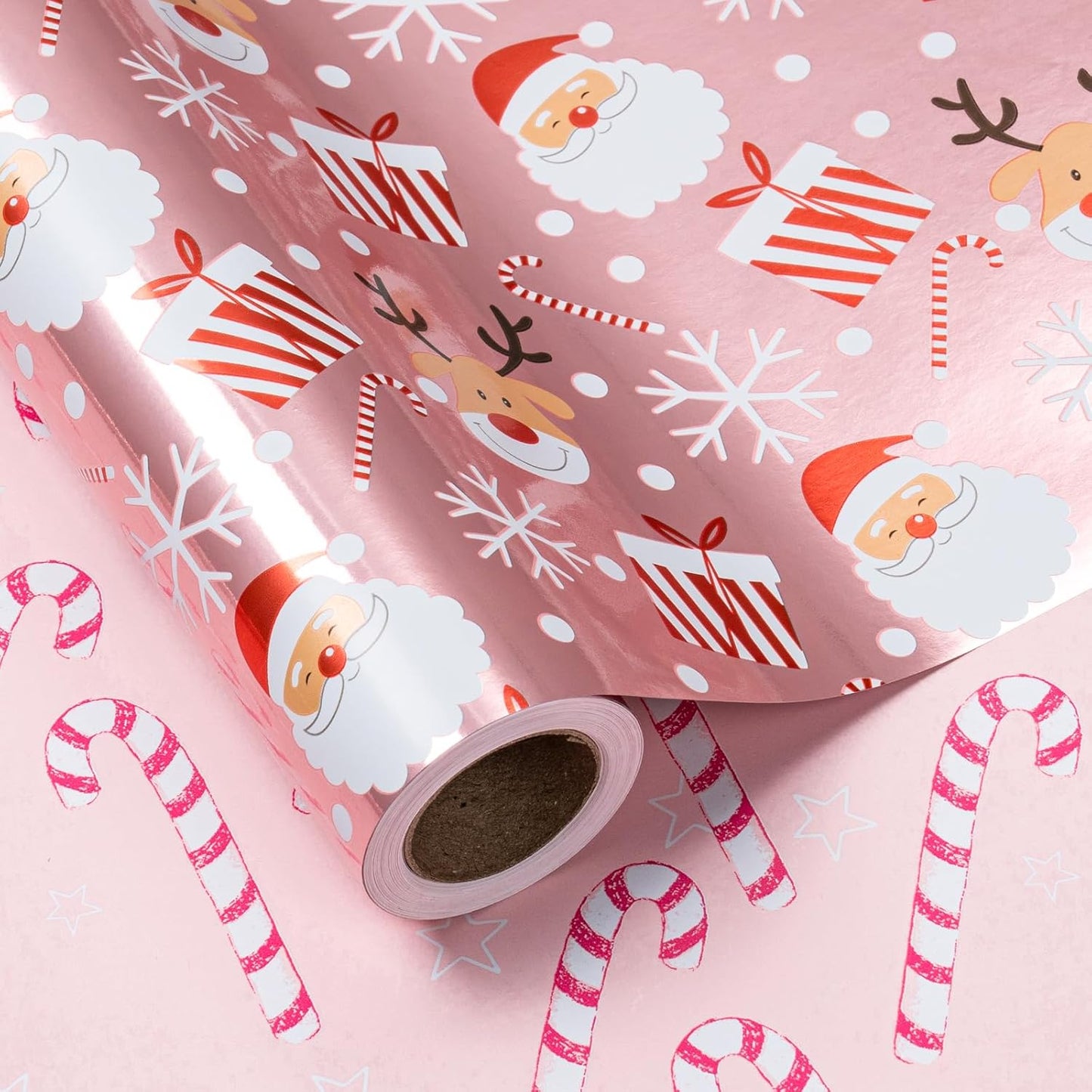LeZakaa Christmas Pink Wrapping Paper Mini Roll, Santa Claus & Candy Cane, Metallic Foil, Rose Gold Foil Reversible Design for Festive Winter Holiday, Family Gathering, 17 inches x 32.8 Feet