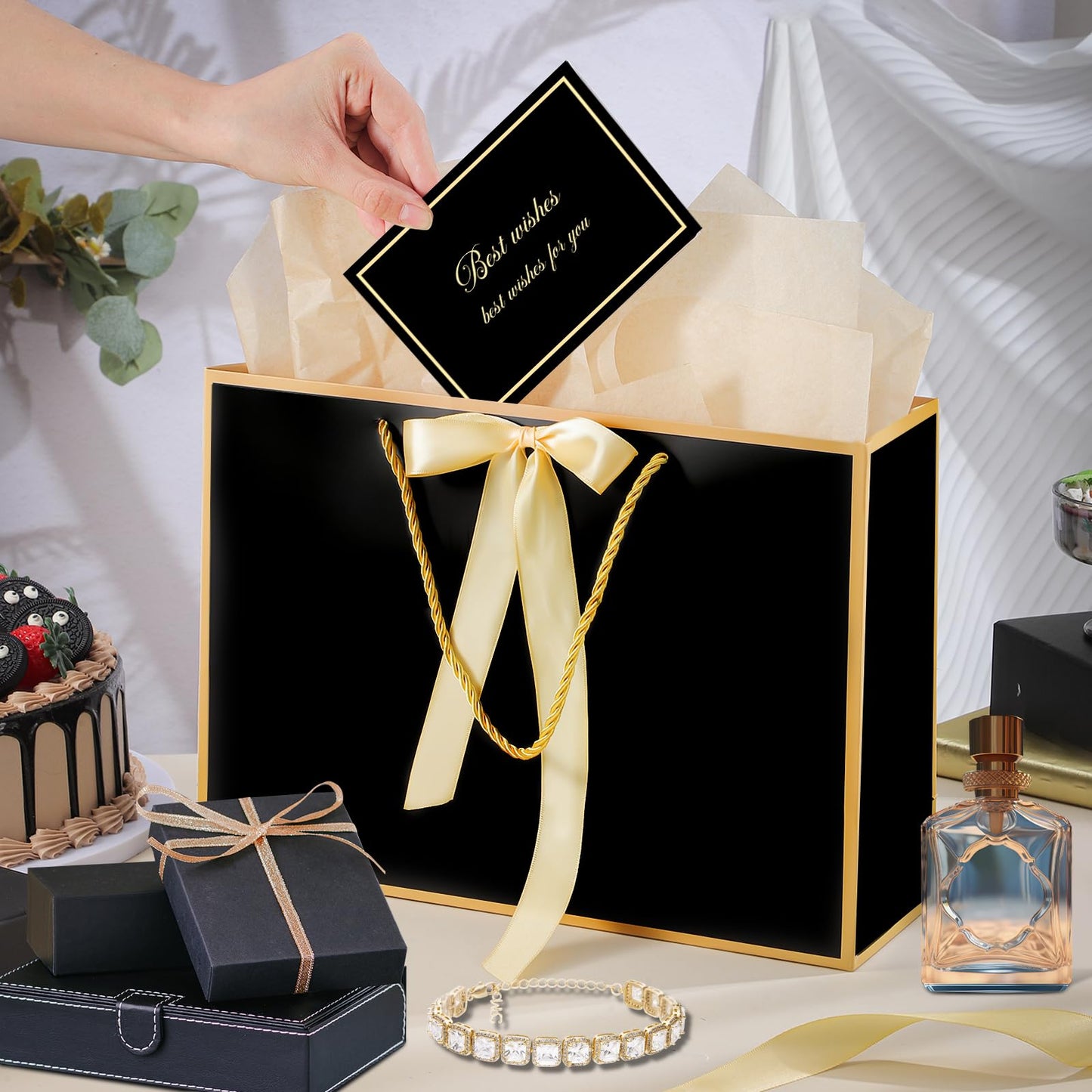 woric Black Gift Bags with Handles, 14" Medium Gift Bag with Tissue Paper