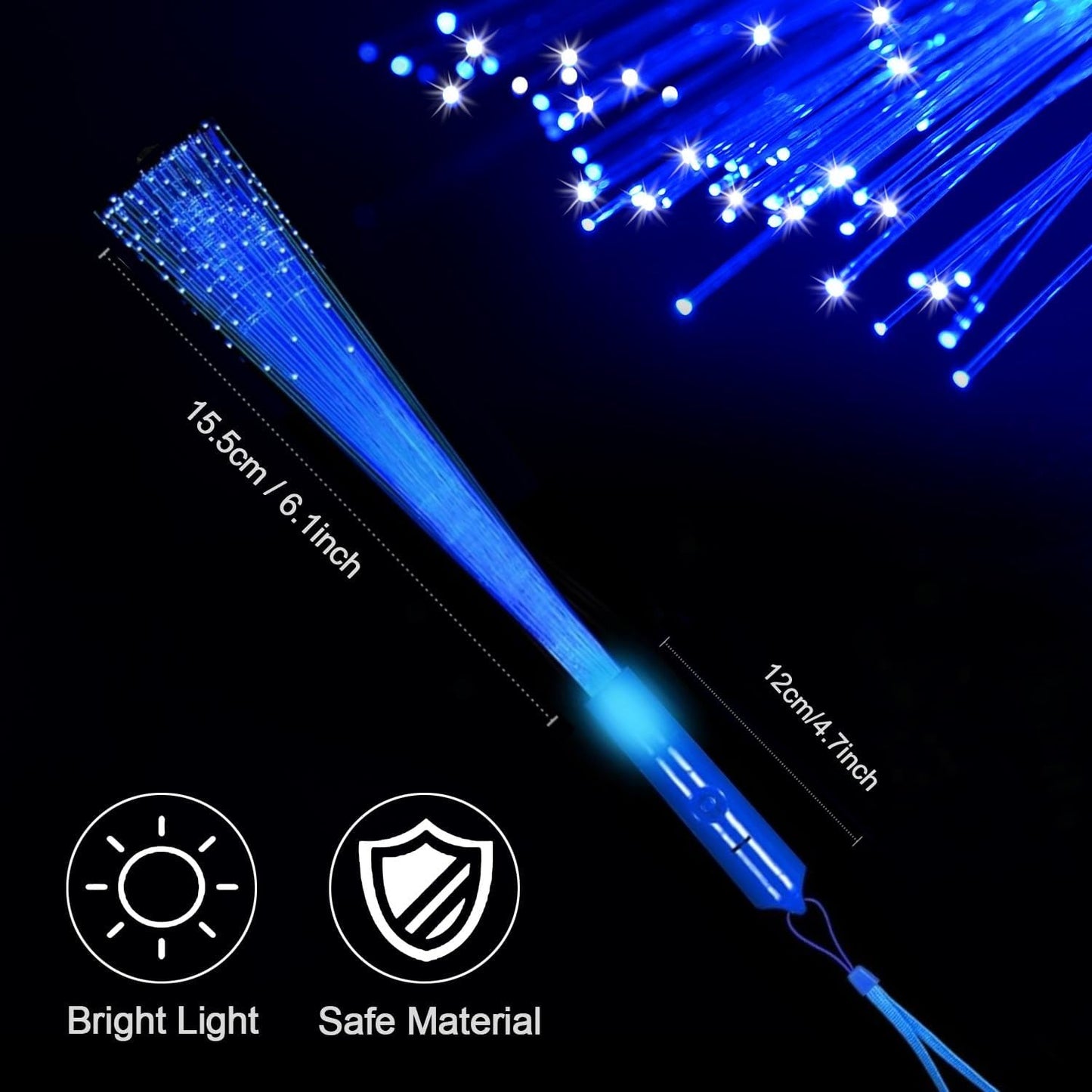 48 PCS Blue Glow Fiber Wands Sticks LED Light Wands 3 Modes Flashing Fiber Optic Light Rod Bulk Fiber Optic Wands for July 4th Halloween Bar Wedding Party Supplies