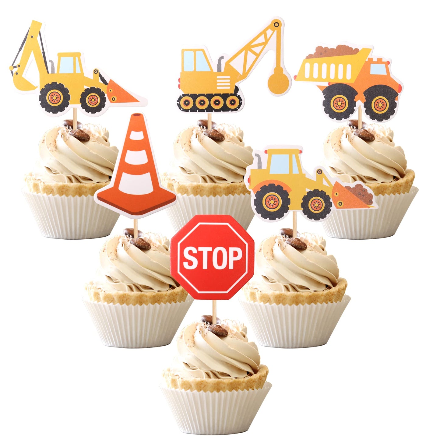36 PCS Construction Cupcake Toppers Stop Sign Dump Truck Excavator Tractor Party Cake Food Picks