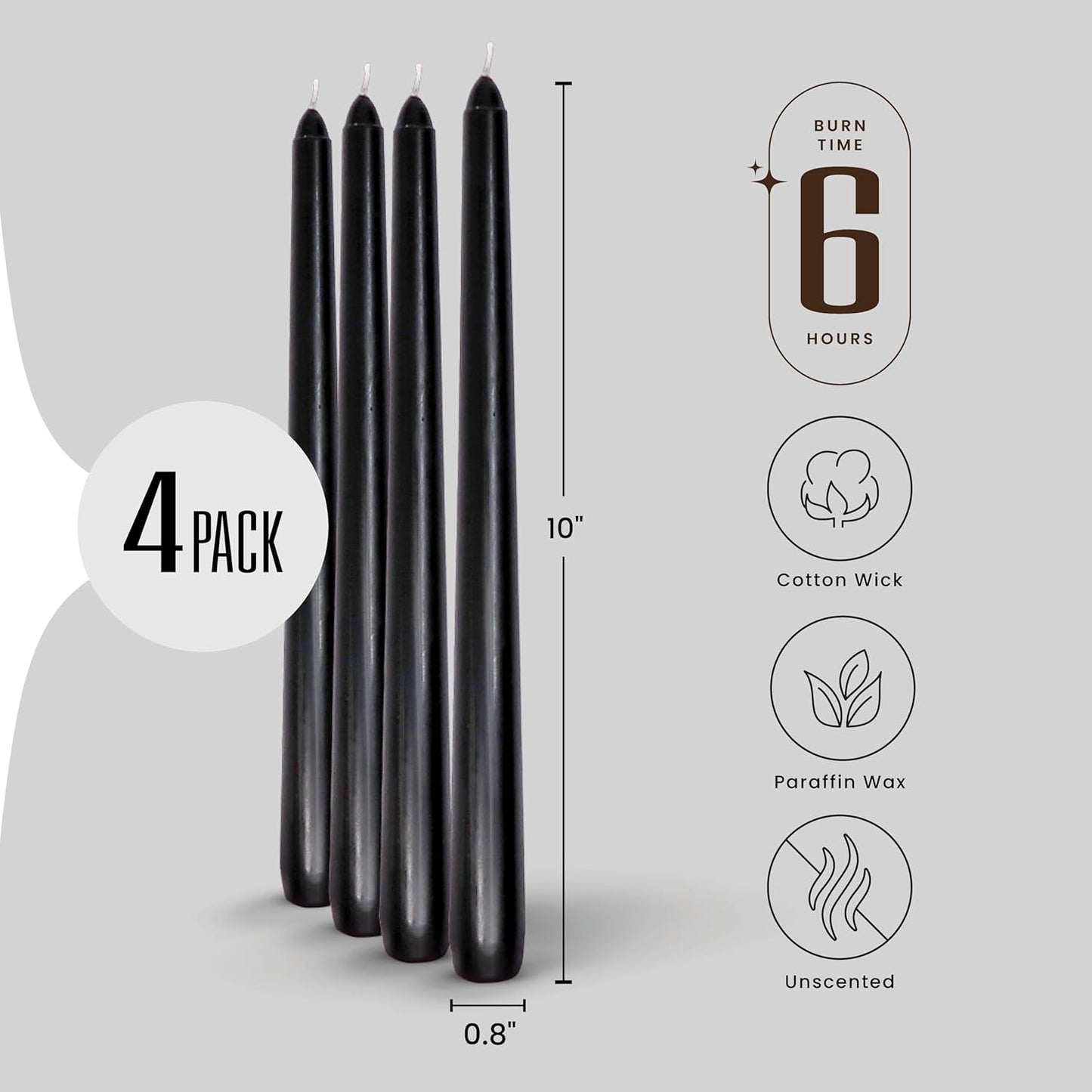 Leor & Lair Black Taper Candles - 4 Pack 10" Black Candlesticks - Unscented Long Burning Halloween Candles for Halloween Decoration, Gothic Decor, Holidays, Weddings & Restaurants