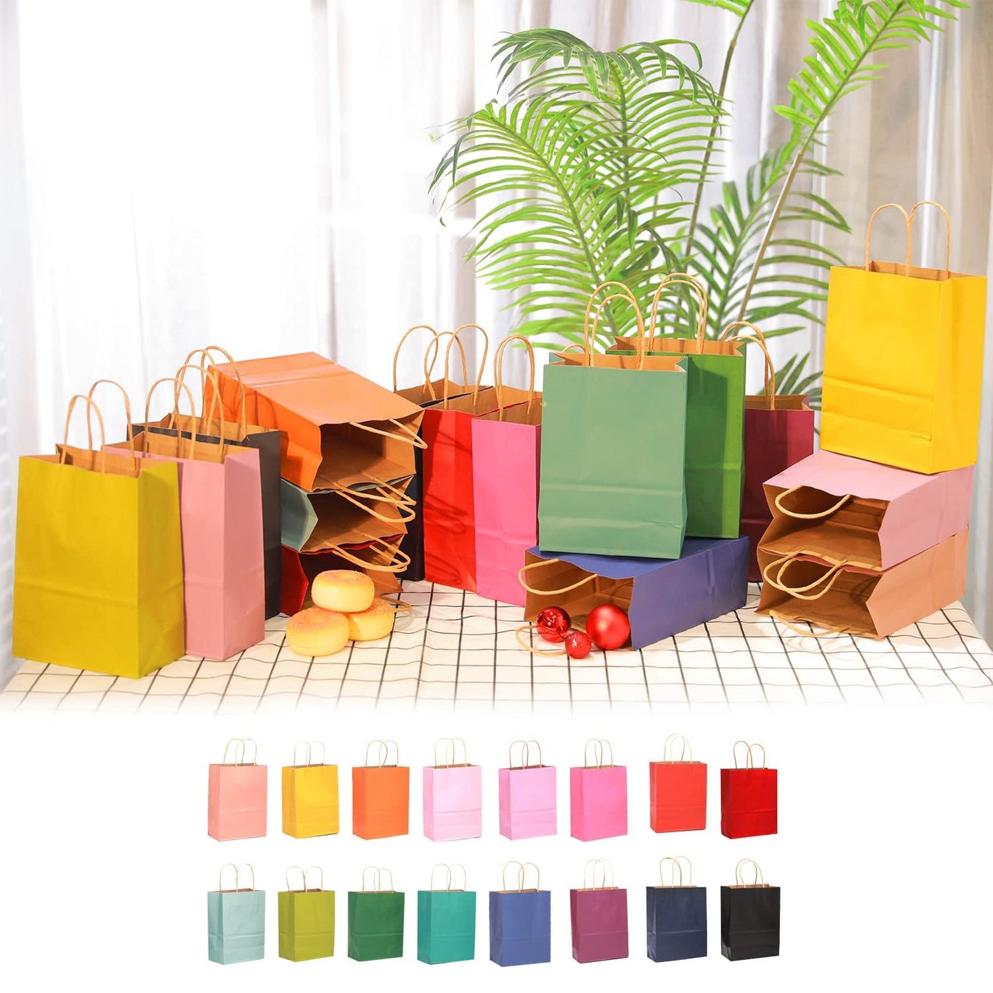 qiqee Medium Size Paper Gift Bags With Handles 10.6"x8.3"x4.3" 16 Solid Colors Party Favor