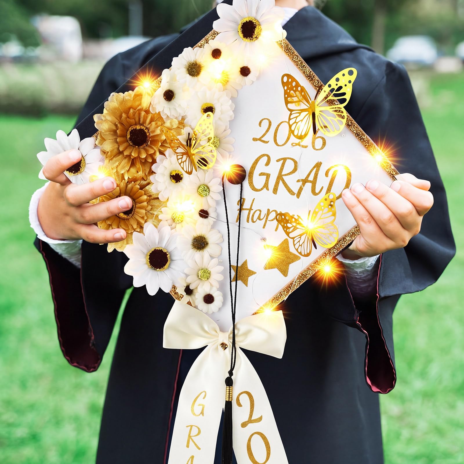 Wavwavw 59 Pcs DIY Graduation Cap Decoration Kit White with LED Lights