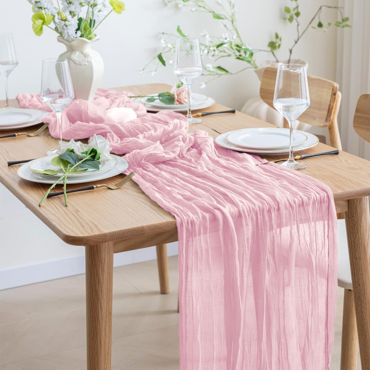 Asee'm 2pcs Cheesecloth Table Runner 120 Inches Blushing Pink Boho Gauze Cheese Cloth Runner 10FT Rustic Sheer Fall Table Runners for Thanksgiving Wedding Baby Shower Holiday Party Decoration