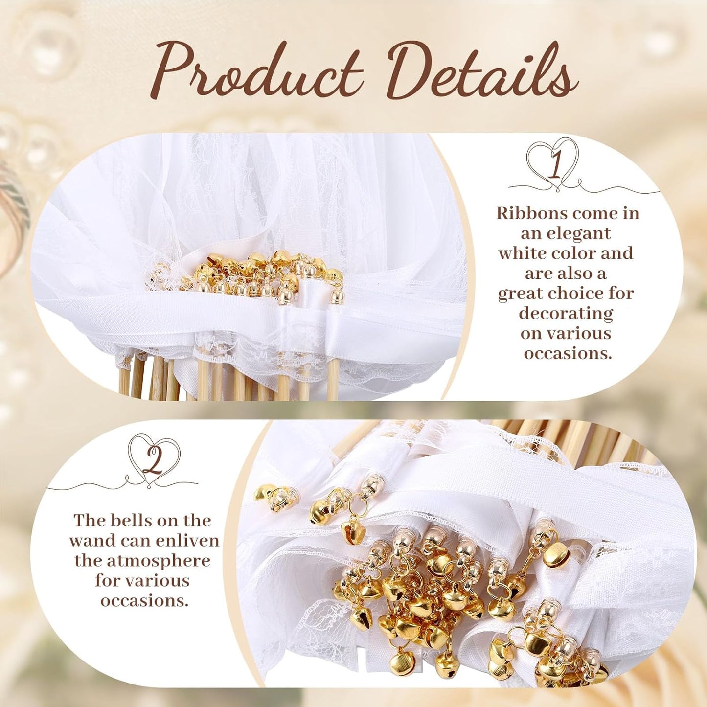 Taiyin 150 Pcs Lace Ribbon Stick Wands Wedding Wand Streamers with Bell Silk Ribbon Fairy Wand Wedding Send Off Streamer for Baby Shower Holiday Party Favors(White)