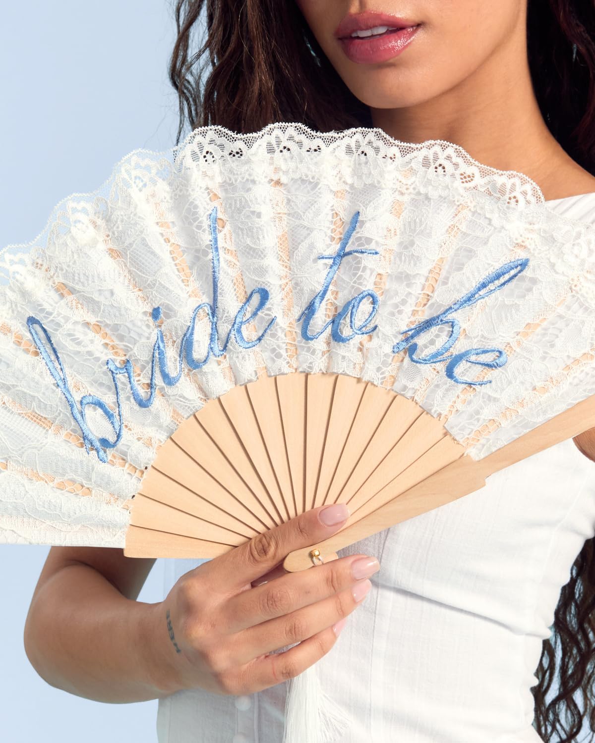 xo, Fetti White Lace Bride to Be Folding Fan | Bridal Something Blue, Wedding Accessory, Bridesmaid Gift, Embroidered Bachelorette Outfit
