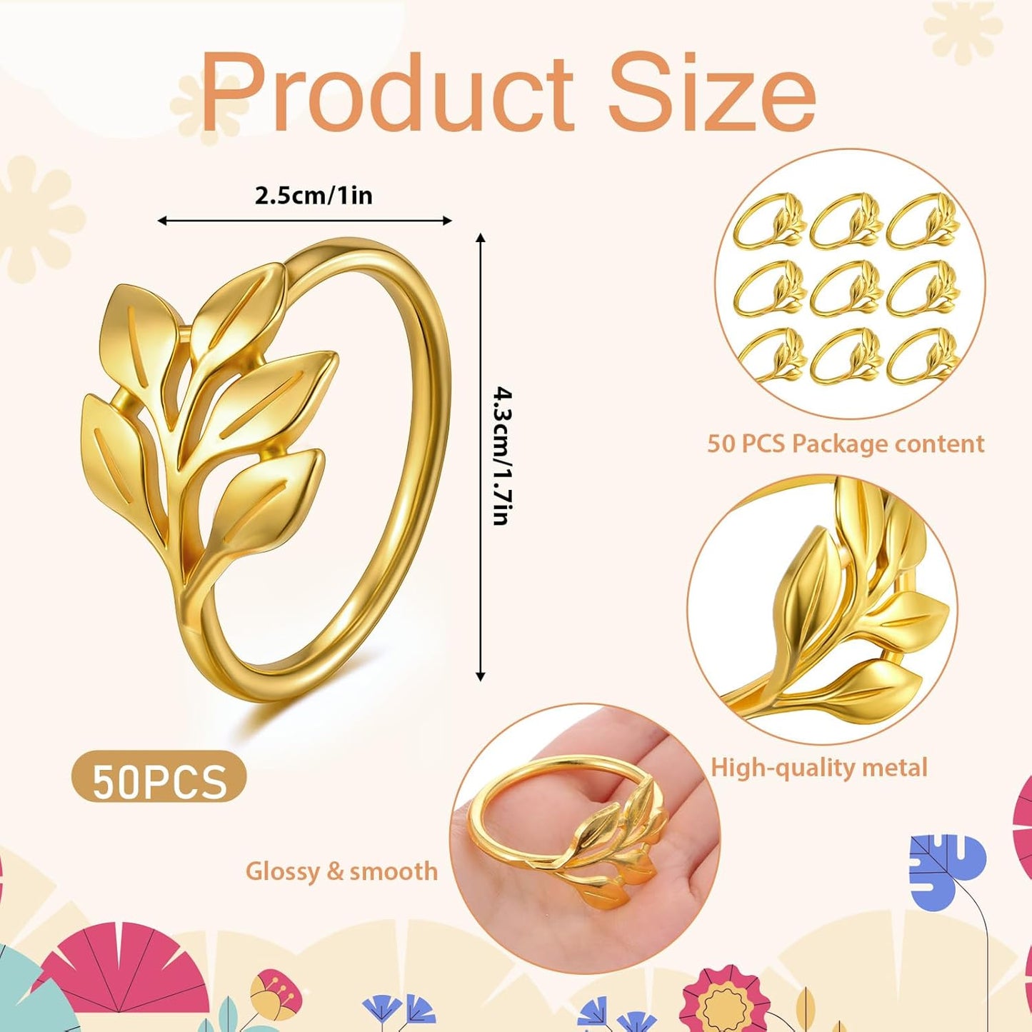Leaf Napkin Rings Set of 50 Metal Gold Napkin Holder Stylish Fall Napkins Ring Bulk Handicraft Flower Napkins Rings for Family Dinner Wedding Birthday Christmas Thanksgiving Elegant Table Setting-Gold