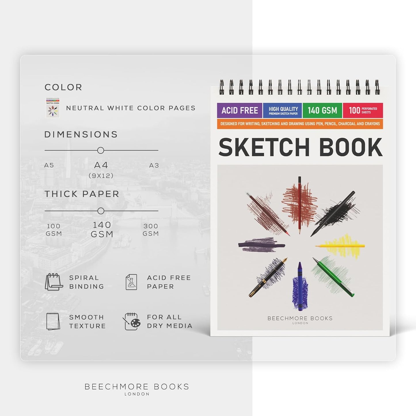 BEECHMORE BOOKS 9x12 Spiral Sketchbook ??140 GSM Acid-Free Paper, 100 Perforated Pages, A4 Art Sketch Pad for Drawing & Sketching, Artists, Adults