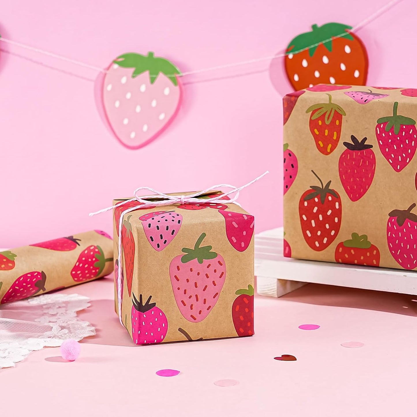 WRAPAHOLIC Kraft Strawberry Wrapping Paper Roll - Mini Roll - 17 Inch x 16.5 Feet - Sweet Strawberry Fruits Wrapping Paper for Summer, Birthday, Wedding, Bridal Shower