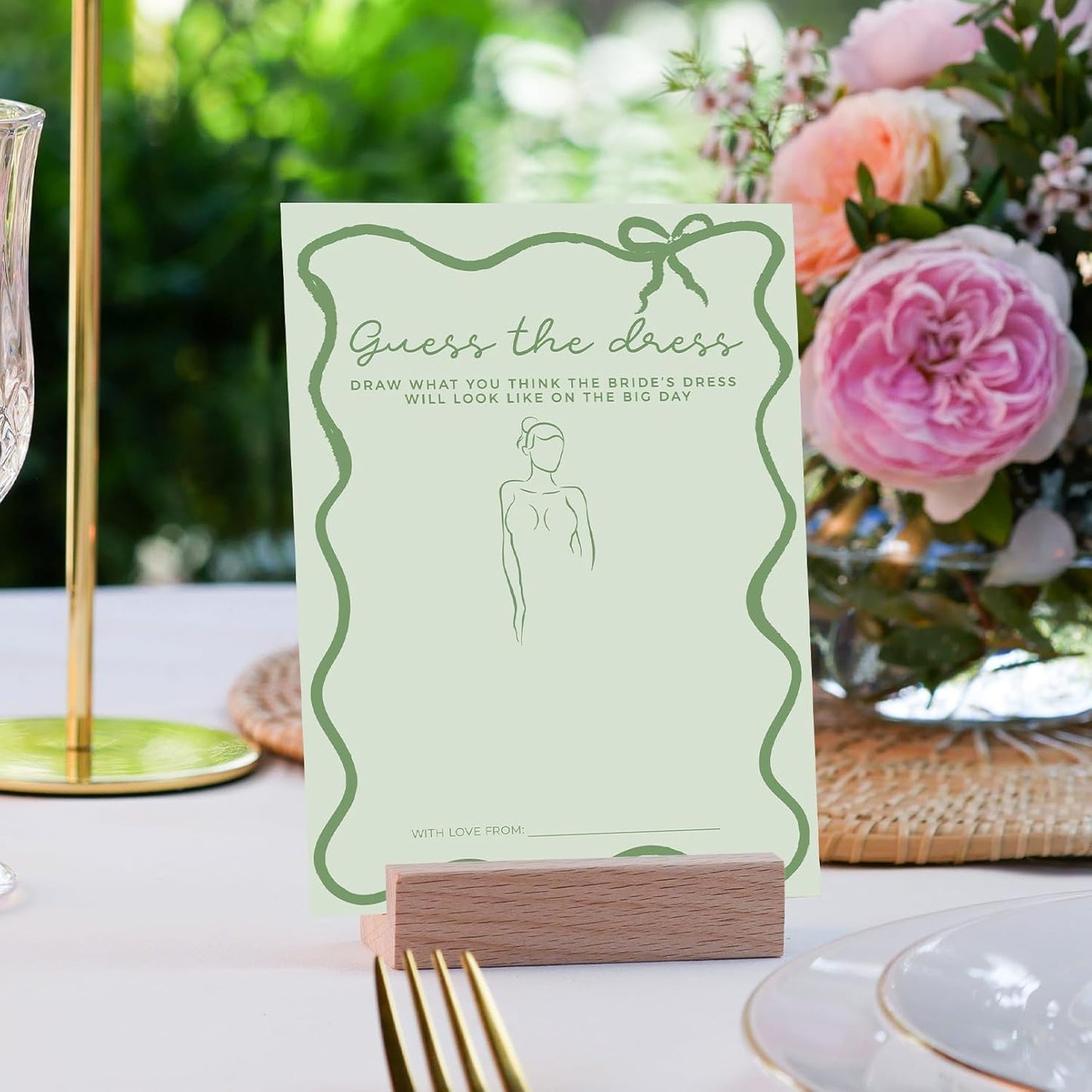 DEEKA 30 PCS Bridal Shower Games Card for 30 Guests Sage Green Wavy Border Ribbon Bow Funny Wedding Bachelorette Party Games for Reception (Guess The Dress)