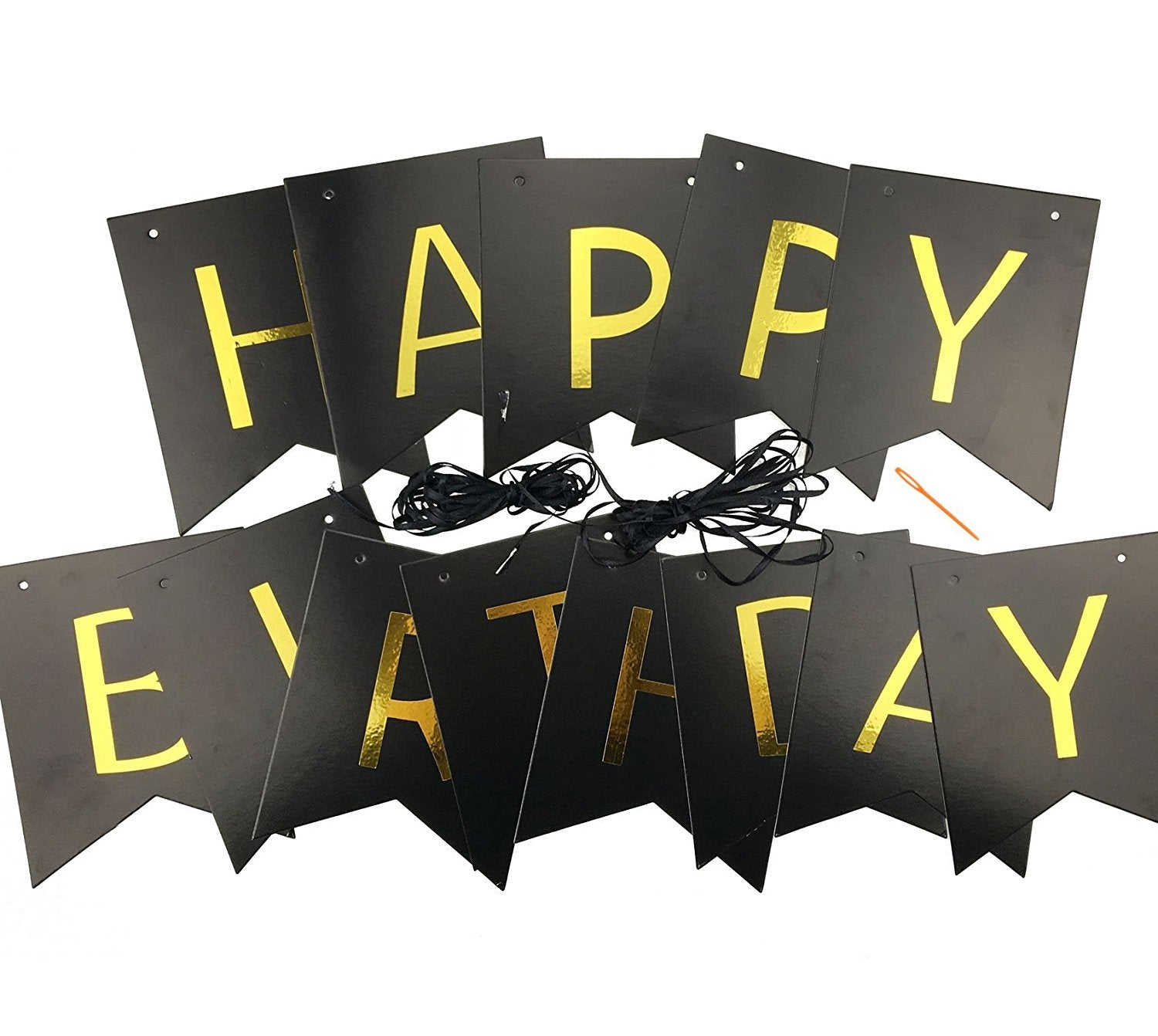Fecedy Black Happy Birthday Bunting Banner with Shiny Gold Letters Pre-Strung No DIY for Birthday