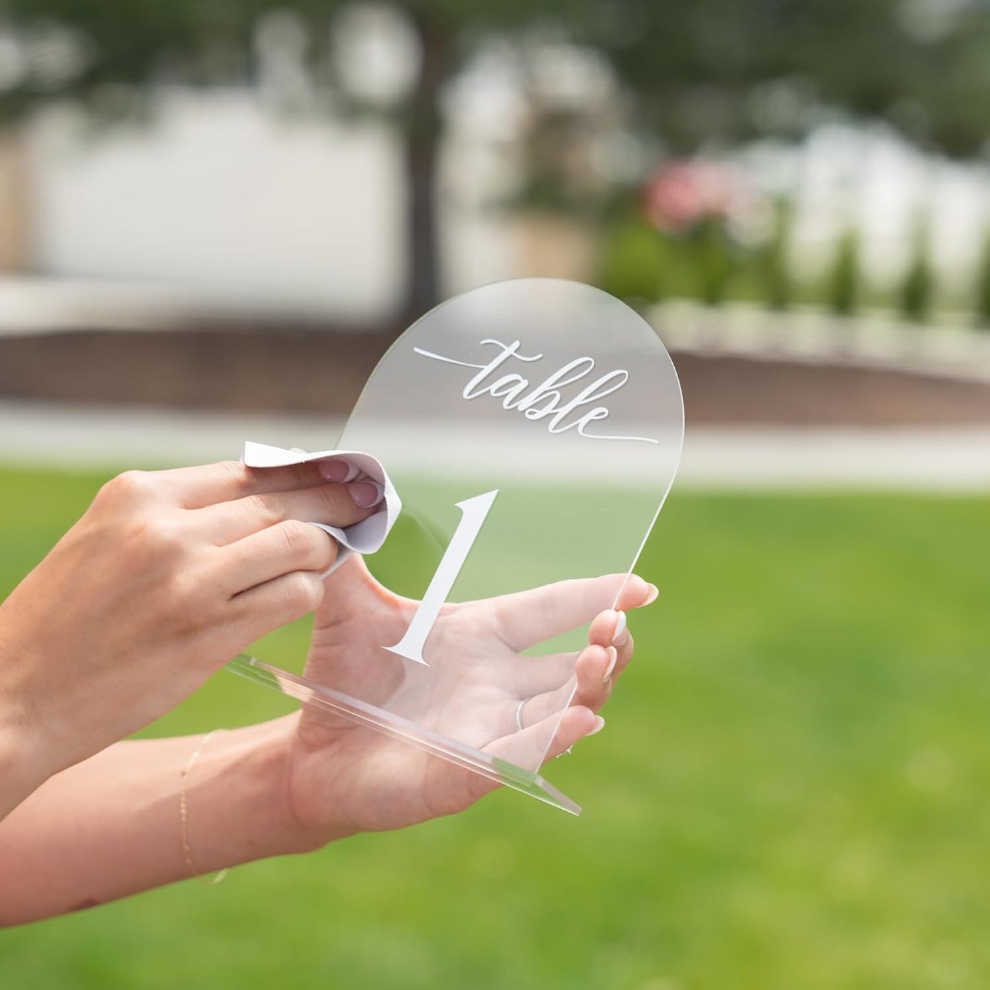 Clear Arch Acrylic Table Numbers for Wedding Reception - 5" x 7" White Font Centerpiece Set with Holder Stands & Head Table Sign - Anniversary, Event, Party, Wedding set 1-15