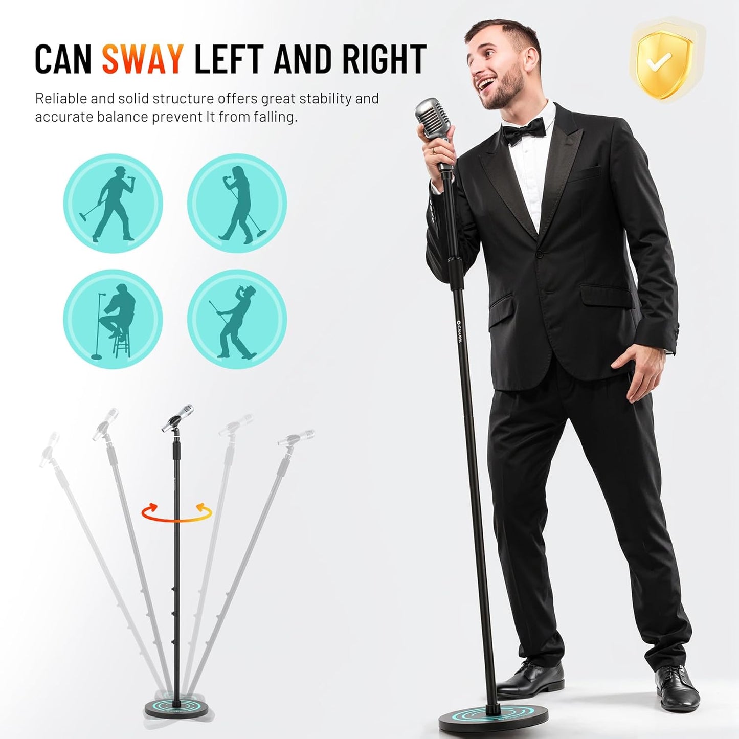 CAHAYA Mic Stand Floor Detachable - Microphone Stand Heavy Duty with Weighted Round Base Phone Holder and 2 Mic Clips Portable Mic Stands Height Adjustable 50" to 64" for Singing Performance Stage