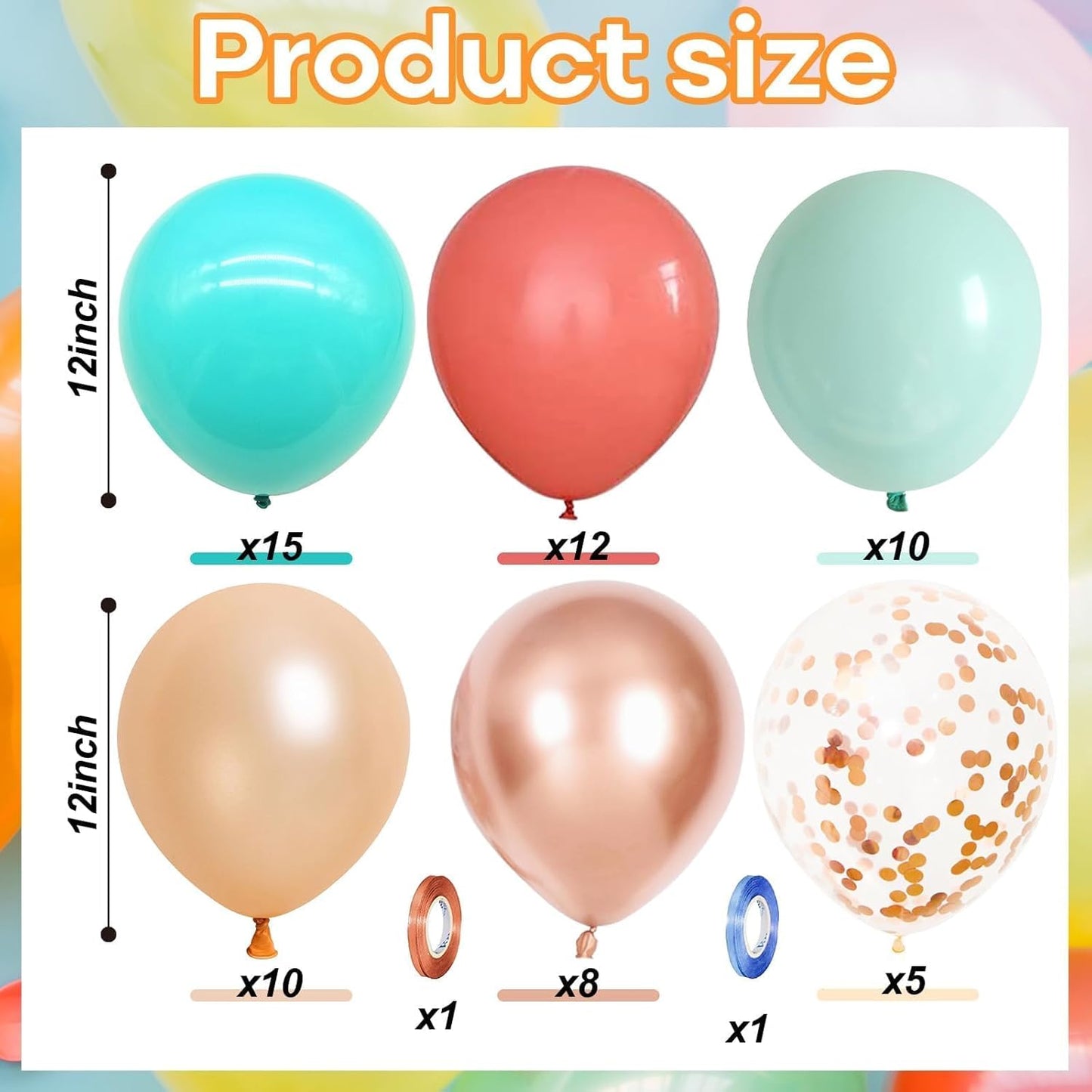 Hawaiian Balloons Set, Pack of 60 12 Inch Orange Teal Blue Light Green Chrome Rose Gold Confetti Latex Balloons for Tropical Luau Beach Aloha Tiki Magic Baby Shower Birthday Party Decorations Supplies