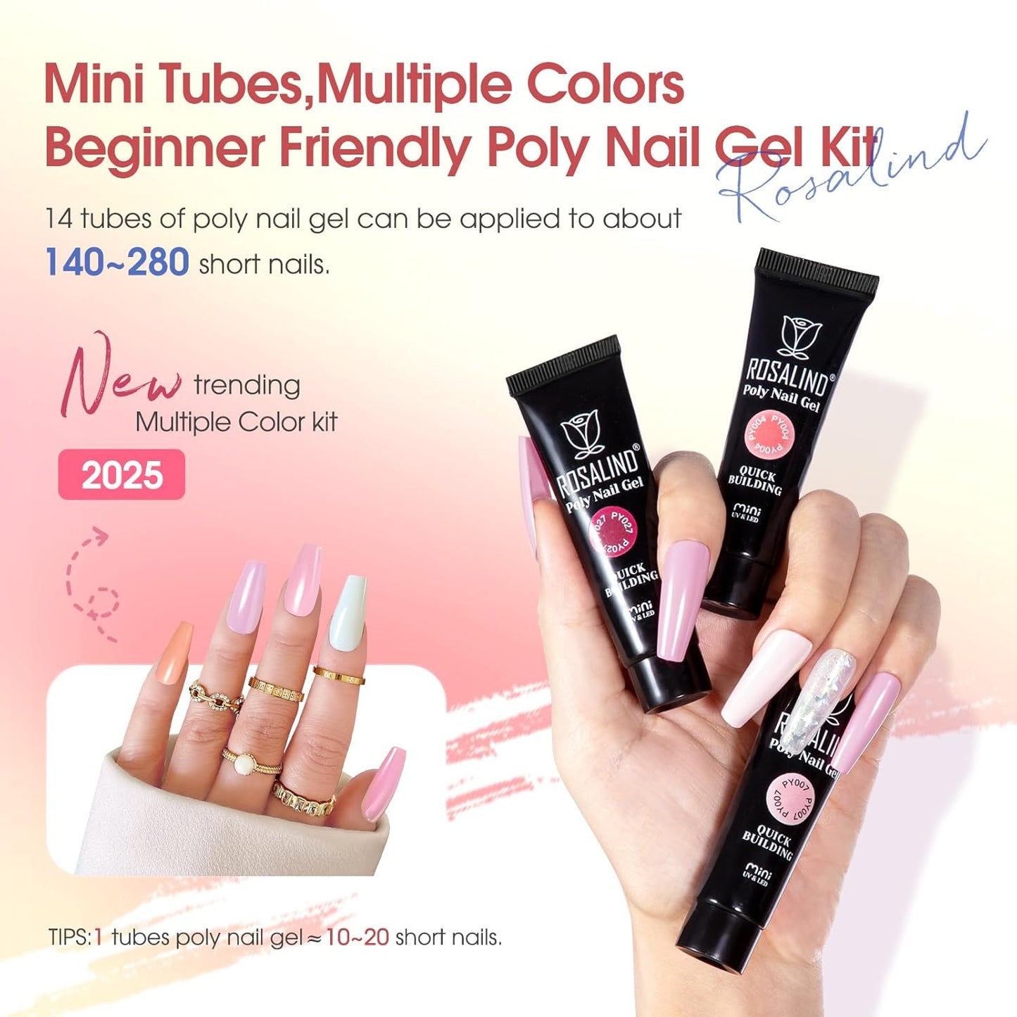 Poly Nail Gel Starter Kit -14 Colors + 75 Nails Art Accessories Kits, ROSALIND Nue Clear Poly Extension Gel with Big UV Light 48W and Electric Nail Drill Starter Kit with Everything