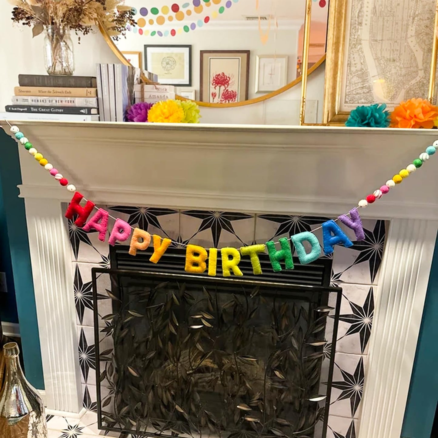 Pre-Strung Happy Birthday Banner,Reusable HAPPY BIRTHDAY Felt Ball Garland