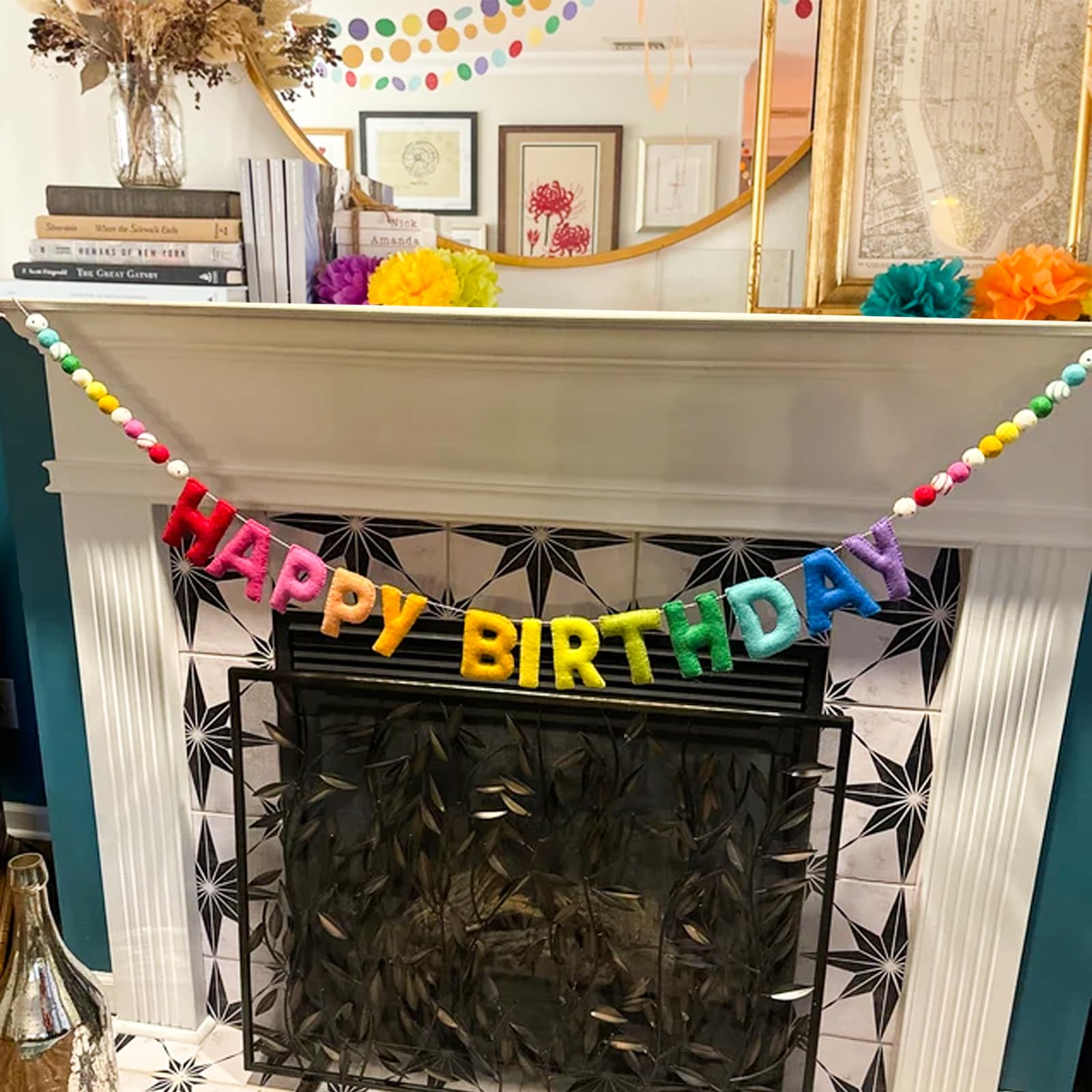 Pre-Strung Happy Birthday Banner,Reusable HAPPY BIRTHDAY Felt Ball Garland