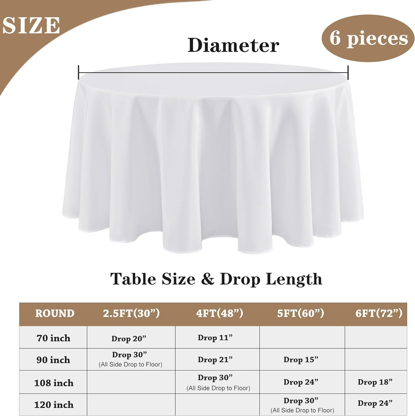 Fitable 6 Pack White Round Table Clothes - 90 Inches in Diameter - Stain Resistant and Washable Tablecloths, Polyester Fabric Table Covers for Wedding, Party, Banquet, Gathering