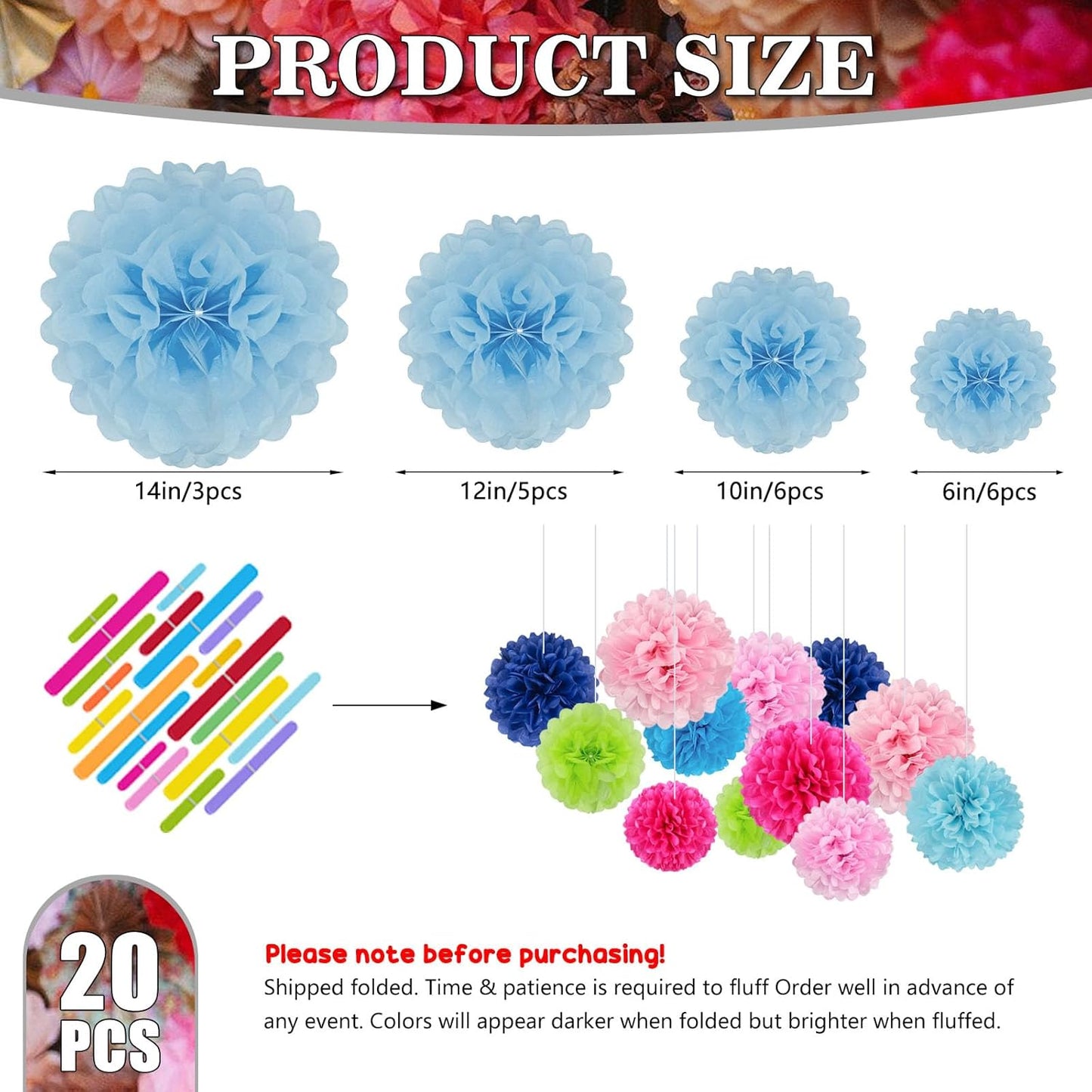 Tissue Paper Pom Poms, Baby Blue Tissue Paper Flowers, Hanging Flower Balls for Weddings Fiesta Parties Birthday Baby Showers Classroom Bridal Shower Decoration (20Piece Set-6/10/12/14Inch)