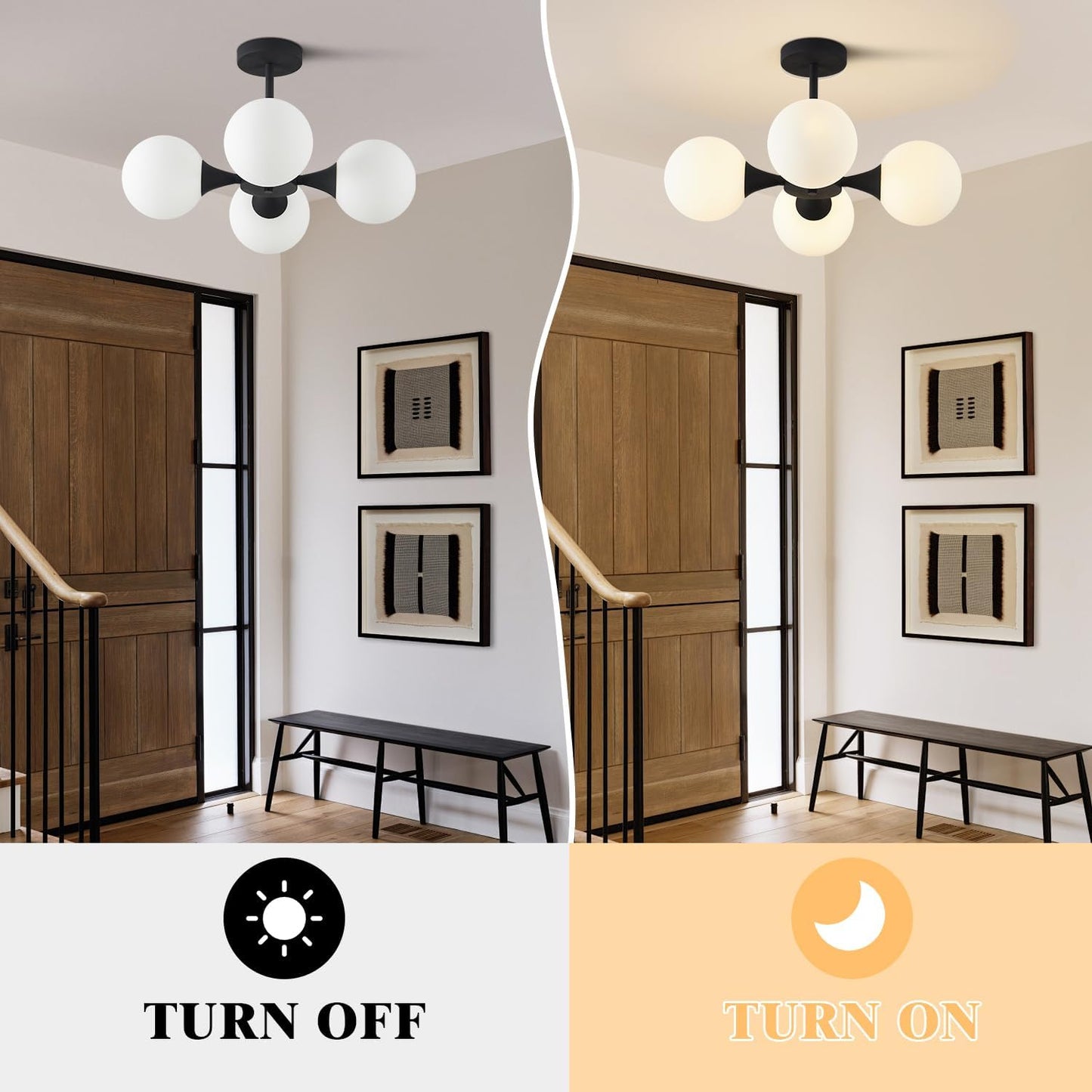 KCO Lighting Mid Century Modern Semi Flush Mount Ceiling Light Fixture Farmhouse Black Globe Sputnik Chandelier Ceiling Light 4-Light Milk Glass Hallway Ceiling Light