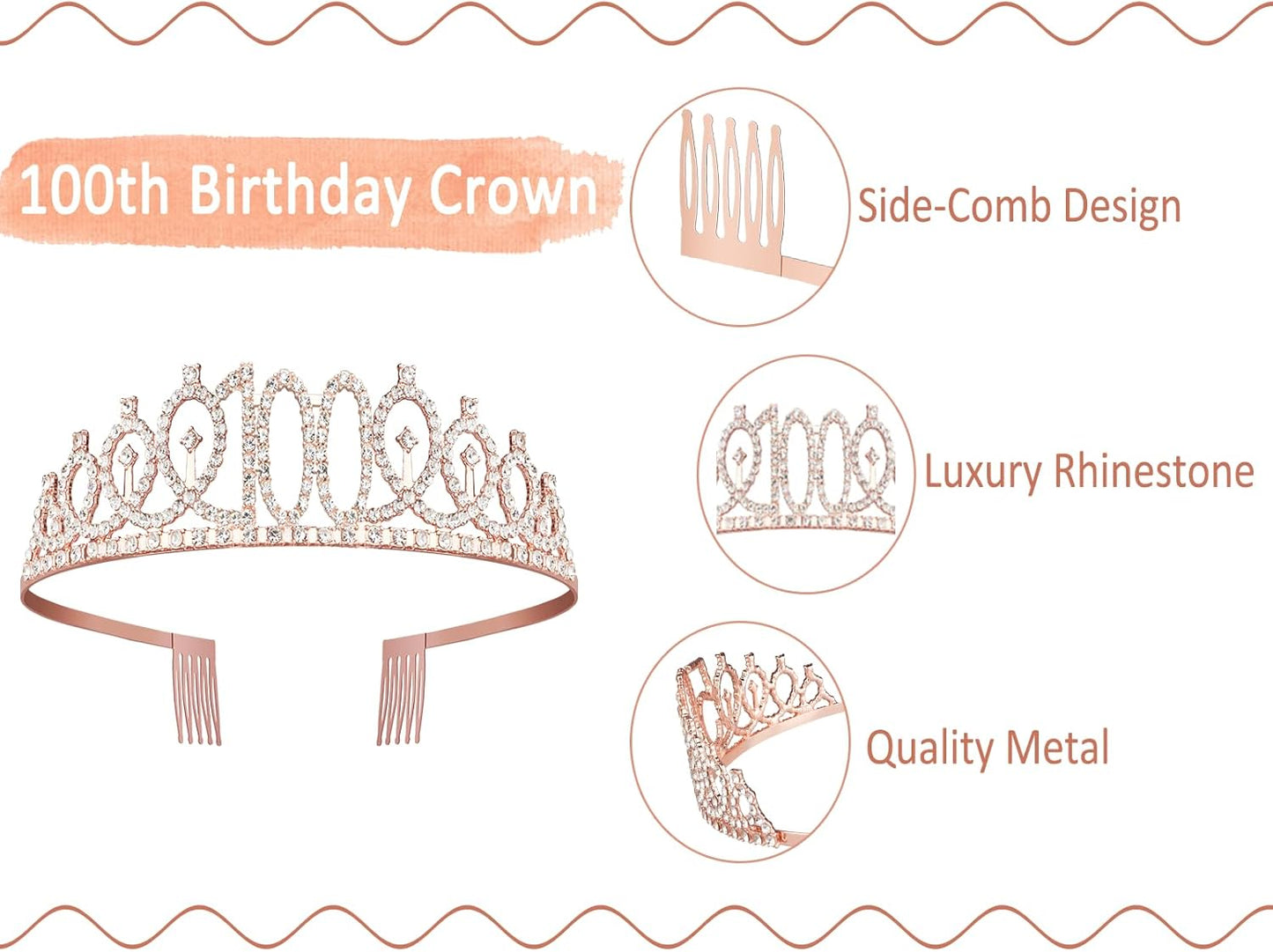 100th Birthday Decorations Women, Including Birthday Crown/Tiara, Sash, Cake Topper and Candles, Gifts for 100 Year Old Woman