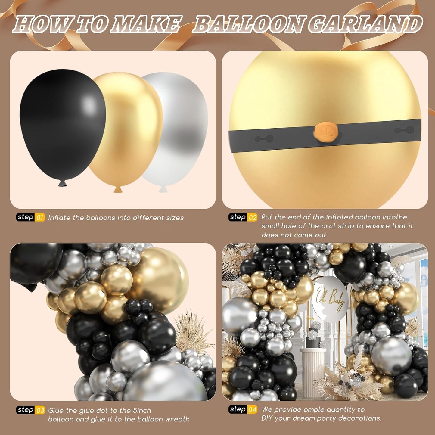 412Pcs Black Gold Silver Balloons Garland Arch Kit,18 12 10 5 Inch Different Size Latex Balloons for Graduation Birthday Wedding Party Decorations