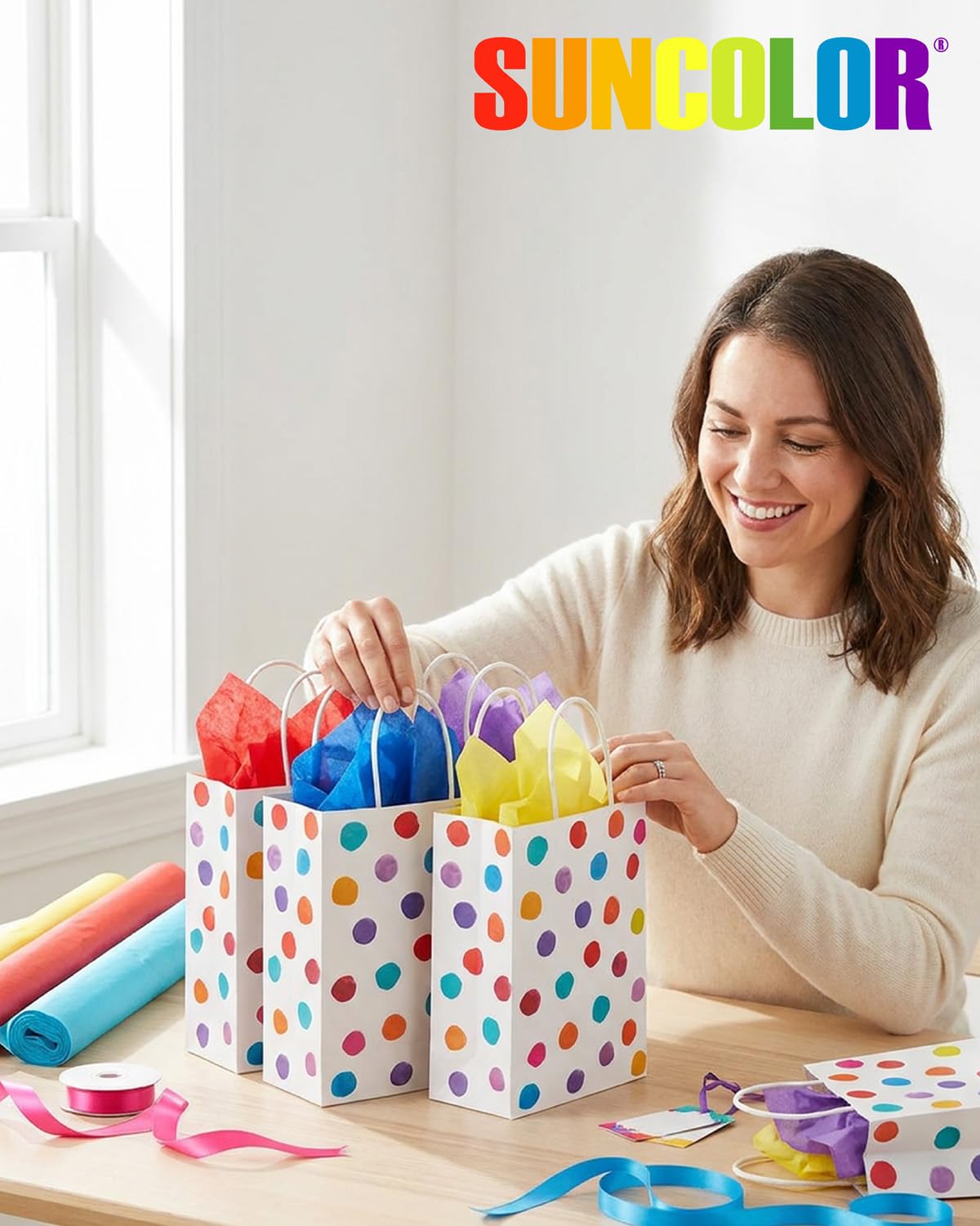 SUNCOLOR 24 Pack Small Paper Gift Bags, Colorful Polka Dot Design, 8.7 x 6.3 x 3.15 Inch, with