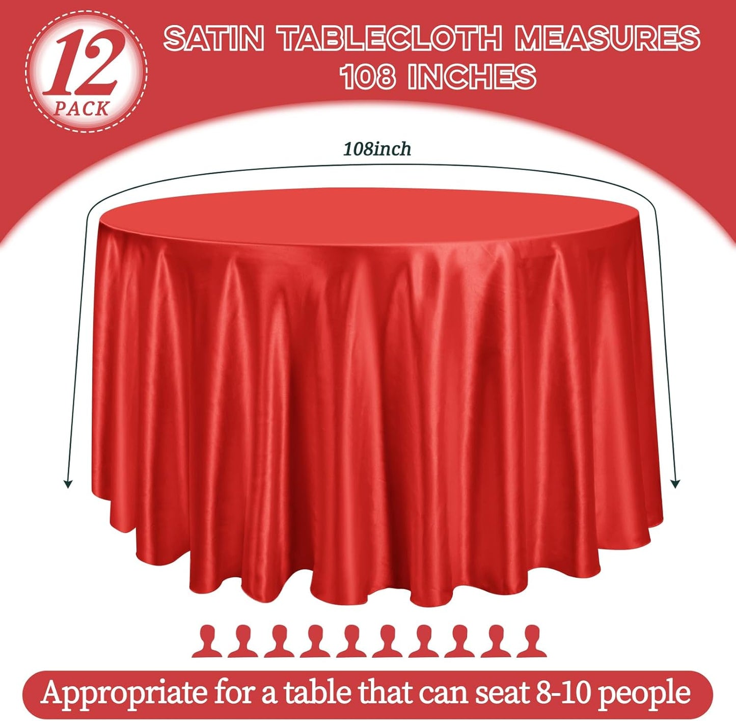 fani 12 Pack 108 Inch Red Satin Tablecloth - Silky Round Tablecloth Overlay Smooth Fabric Table Cover, Bright Table Decoration for Wedding Party Banquet Events Restaurant Kitchen Dining