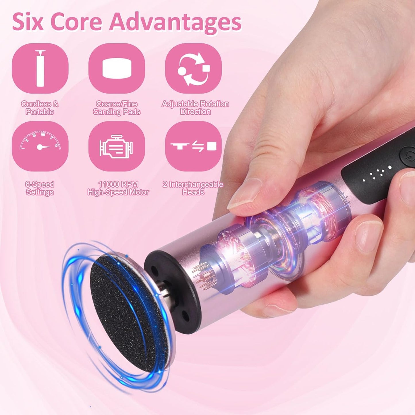 Upgraded Wireless Electric Callus Remover for Feet, 6-Speed 2-in-1 Rechargeable Foot File Callus Remover with USB Charging & 3 Types of Sandpaper, Dead Skin Remover for Dry Cracked Heels (Pink)